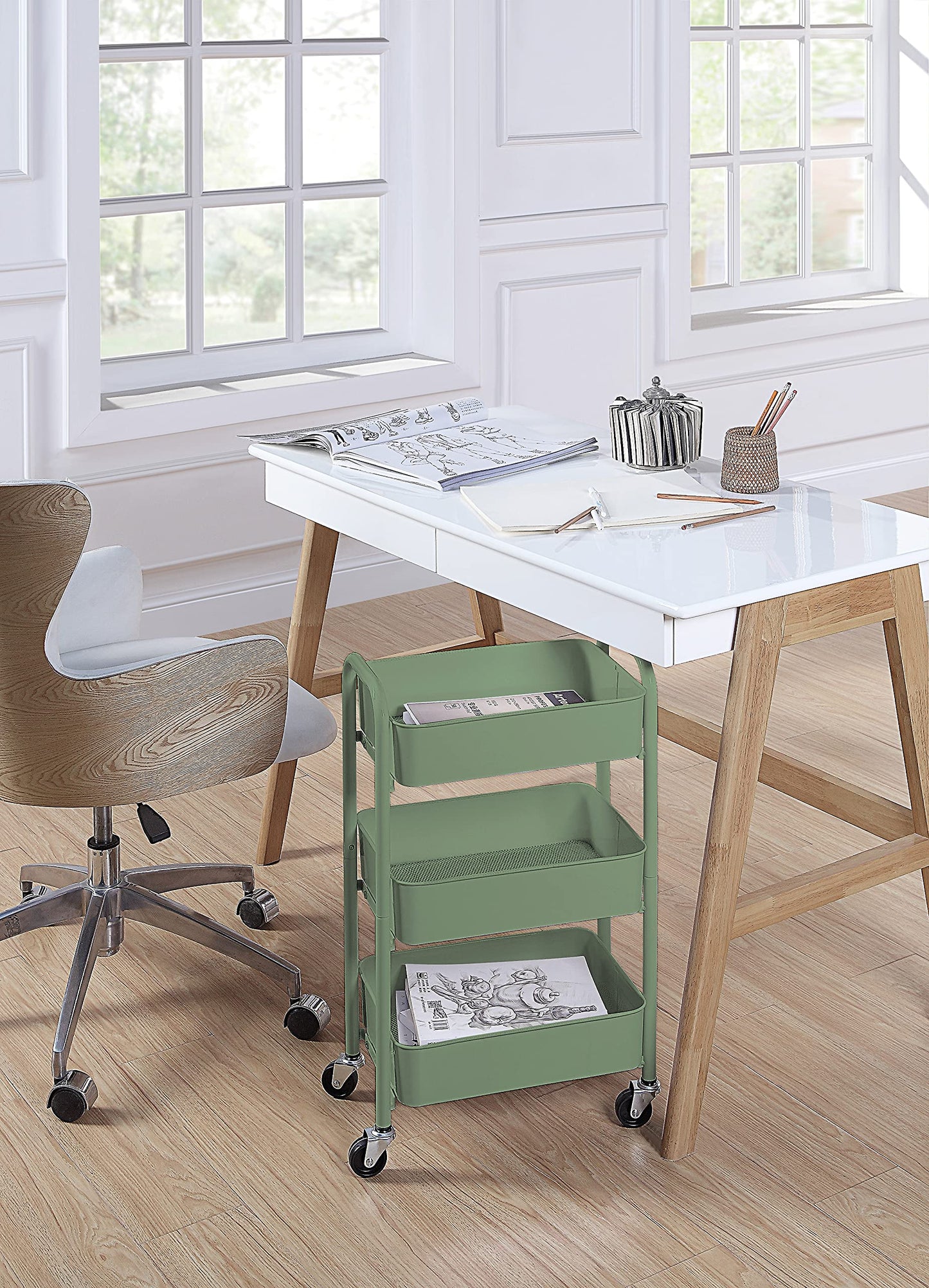 SunnyPoint 3-Tier Delicate Compact Rolling Metal Storage Organizer - Mobile Utility Cart Kitchen/Under Desk Cart with Caster Wheels