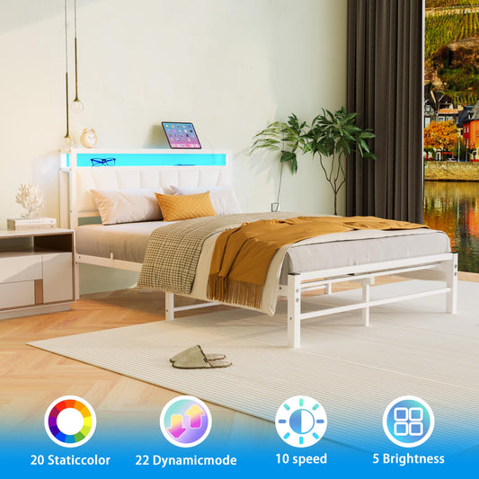 BORPHOM White Double Bed Frame with Storage and LED Lights,4ft6 Metal Platform Bed Frame Double Size Bed Base with Charging Station,Mattress