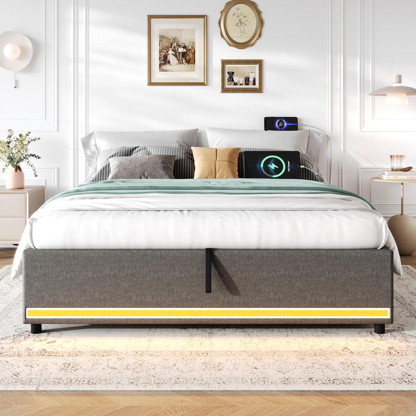 BTM 4ft6 Double Ottoman Storage Bed, No Headboard Linen Bed Frame with LED Lights, Charging, Side Pockets, Grey (No Mattress)