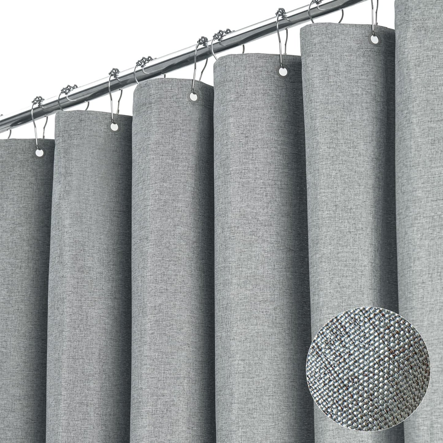 BTTN Grey Shower Curtain, Linen Textured Weighted Mould Proof Resistant Fabric Wet room Shower Curtains, Waterproof Washable Cloth Bathroom Shower