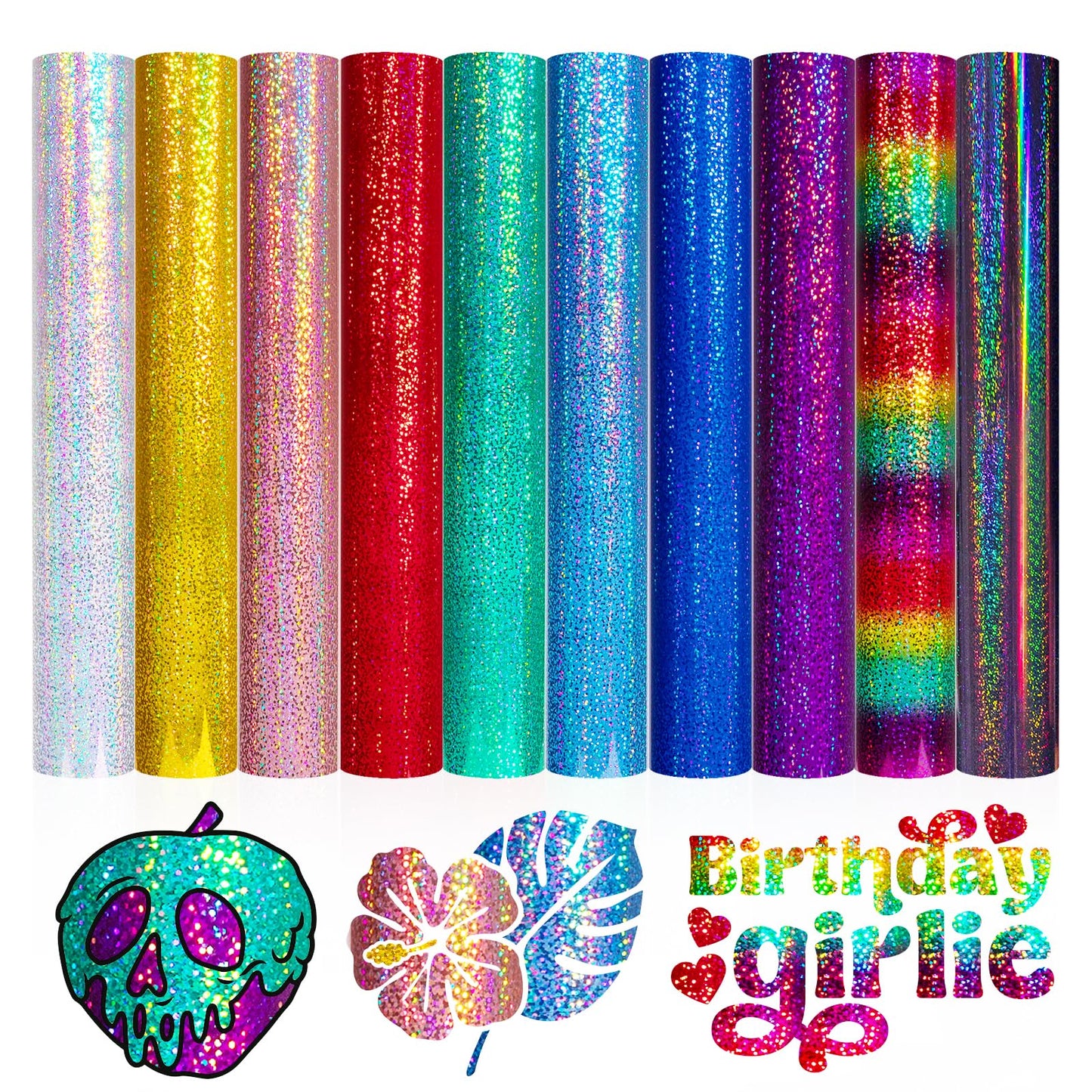 VINYL FROG Glitter Permanent Vinyl Bundle 10 Pack Holographic Adhesive Vinyl Sheets 12" x 12" Shimmer Vinyl for DIY Deco Sticker Projects