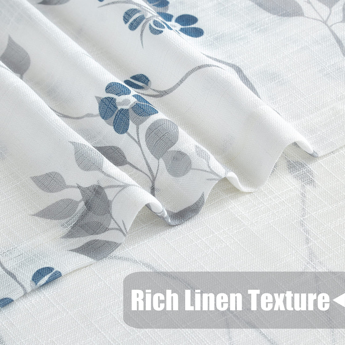 Beauoop Blue Grey Semi Sheer Floral Curtains for Living Room 90 Drop Linen Textured Farmhouse Curtains for Bedroom Leaf Printed Eyelet Rustic Drapes