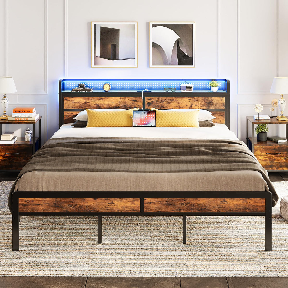 IRONCK Super King Bed Frame with Storage Headboard & LED Lights, Platform Bed Frame Super King with Charging Station, Metal Bed Frame, UnderBed