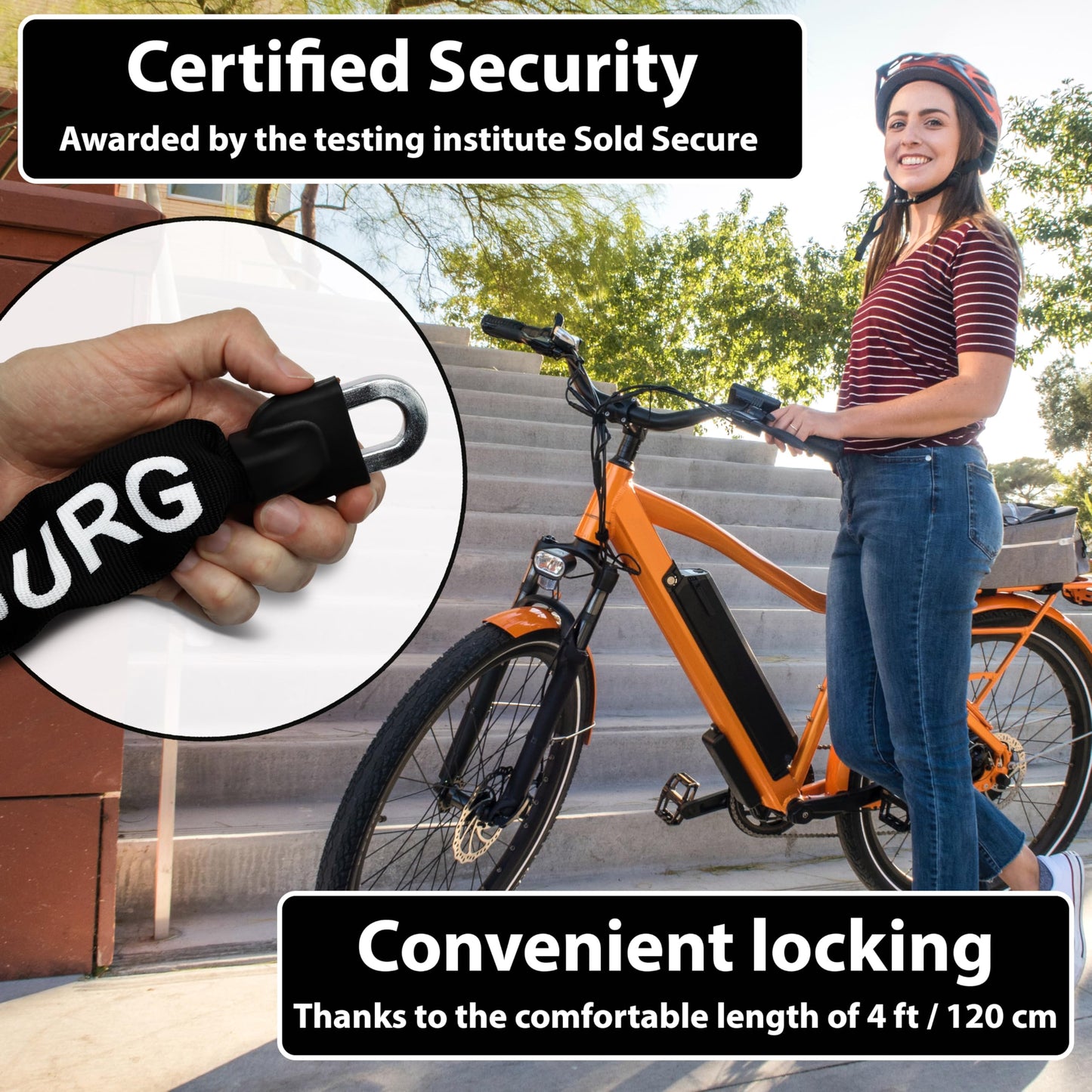 KOHLBURG Security Chain Lock Sold Secure Gold - 4ft / 120cm Extra-Long Bicycle Lock - high Security Standard - Heavy Duty Lock 0.33" Strong - Secure
