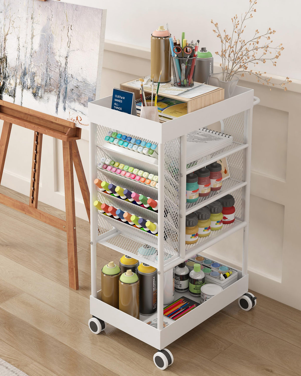 Ornestia 5-Tier Multi-Functional Art cart, Metal Utility Cart with Lockable Wheels, Versatile Art Supply Storage Organizer Cart, Storage for Brushes