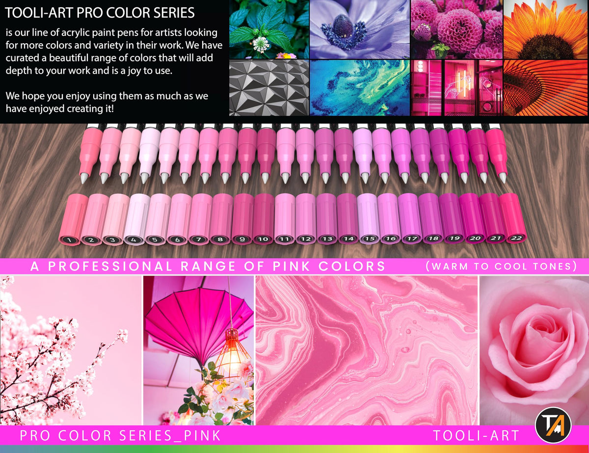 Acrylic Paint Pens 22 Pink Tones Assorted Pro Colour Series Markers Set 0.7mm Extra Fine Tip for Rock Painting, Glass, Mugs, Wood, Metal, Canvas,