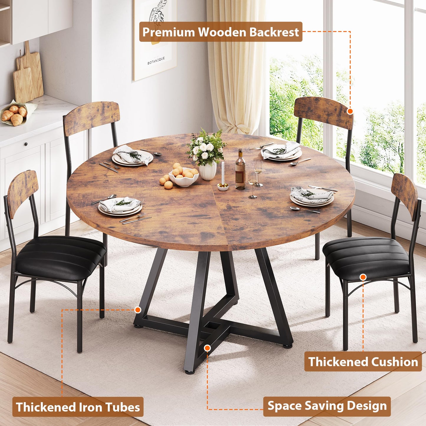 Jocoevol Round Dining Table and 4 Chairs Set of 4-6, Circle Dinner Table with Metal Frame, Space Saving Wood Industrial Furniture (Vintage, 47 inch)