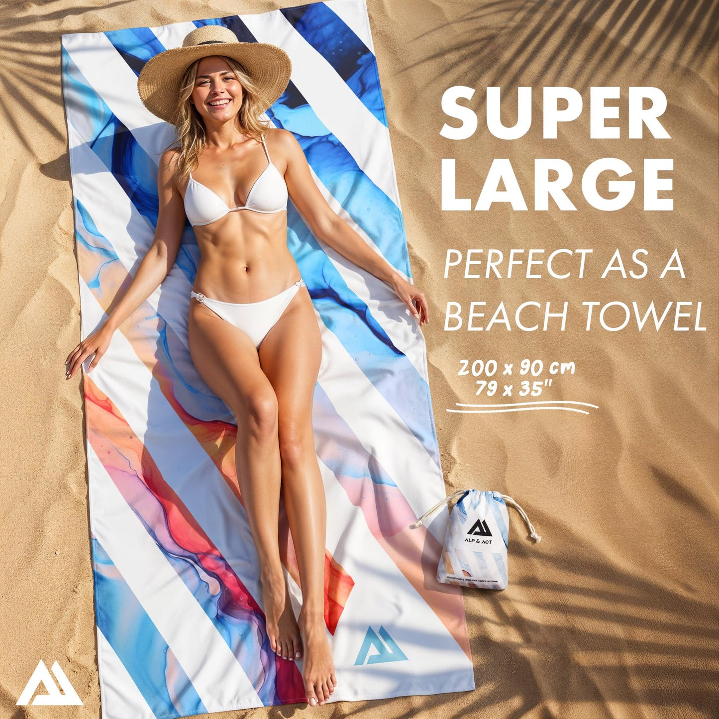 ALP & ACT Beach Towel XXL 200x90 cm - 100% Recycled Microfibre - SUPER LIGHTWEIGHT & Quick Dry - Large Microfibre Towels for Beach & Sun Lounger