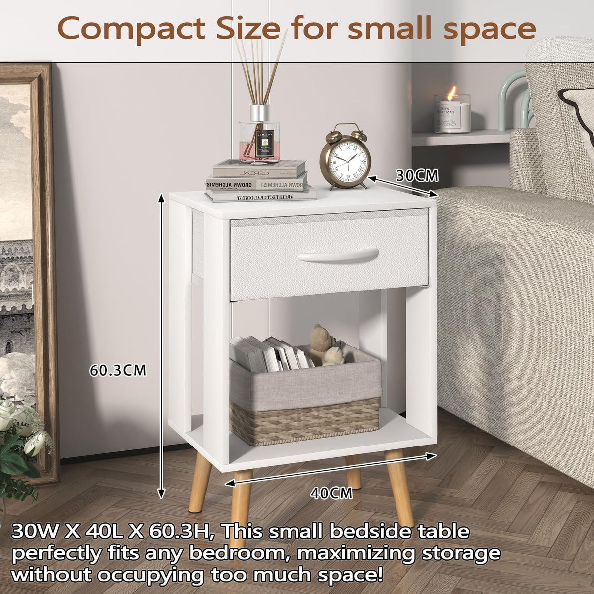 OYRREU White Bedside Table Set of 2 with Drawers & Open Shelf for Bedroom