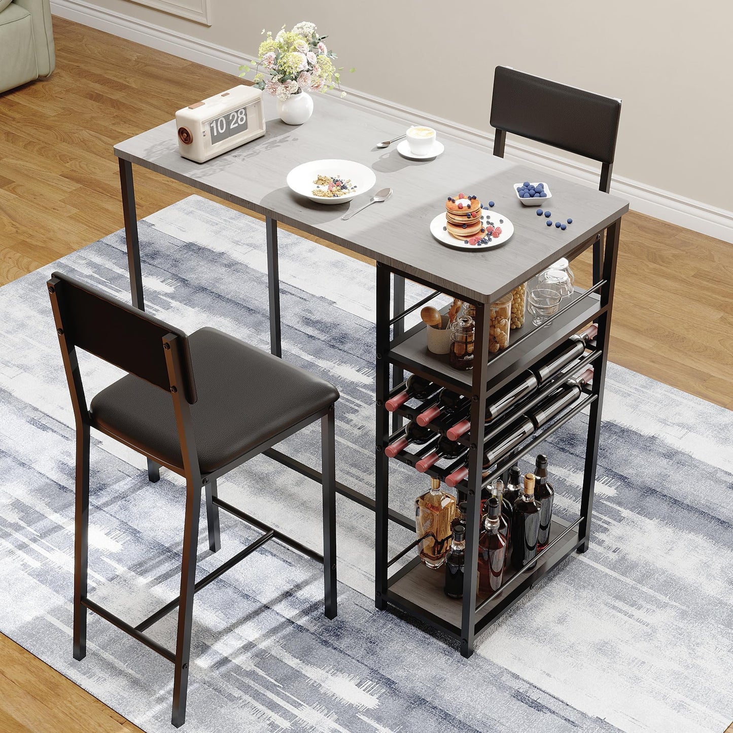 Techigher Bar Table Set, Dining Tables with 2 Upholstered Chairs, 3 Piece Counter Height Kitchen Table Set with 2-Tier Storage Shelves & 2 Wine Racks