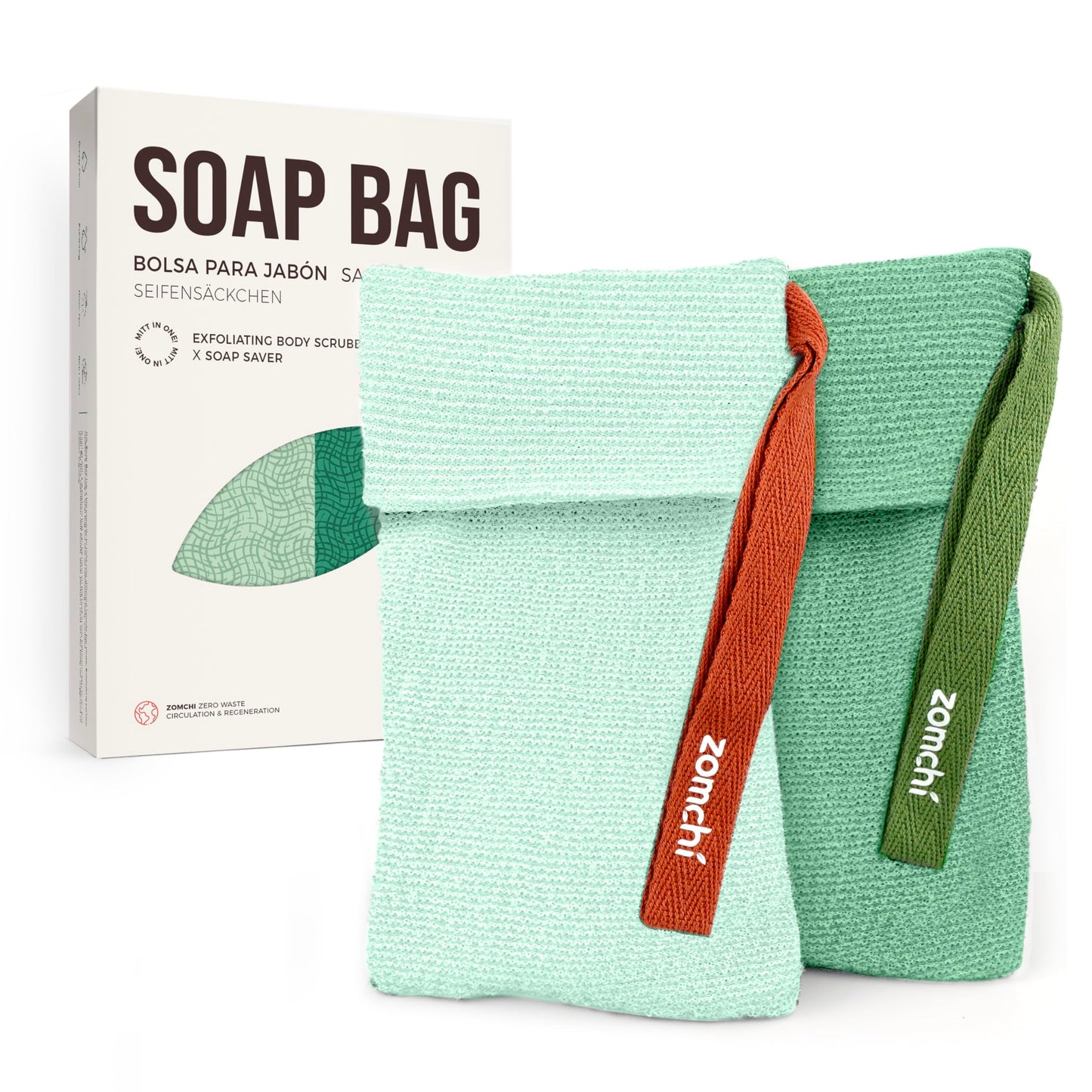 ZOMCHI 2 Pieces Soap Bags for Soap Bars with Different Roughness, Exfoliating Soap Saver Bags, Soap Pouch for Body Wash (Green)