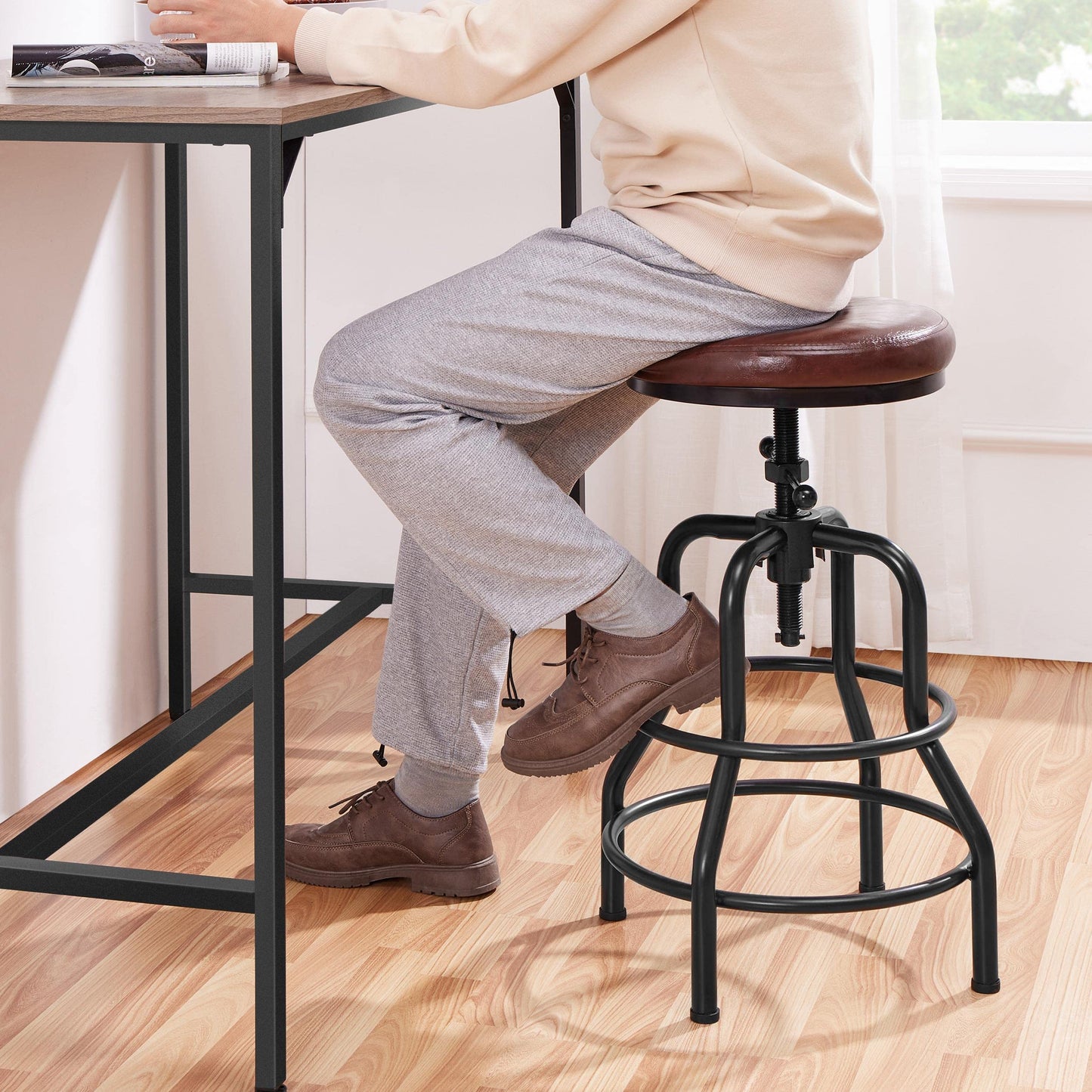 Yaheetech Rustic Round Adjustable Industrial Bar Stools, 1PCS Brown