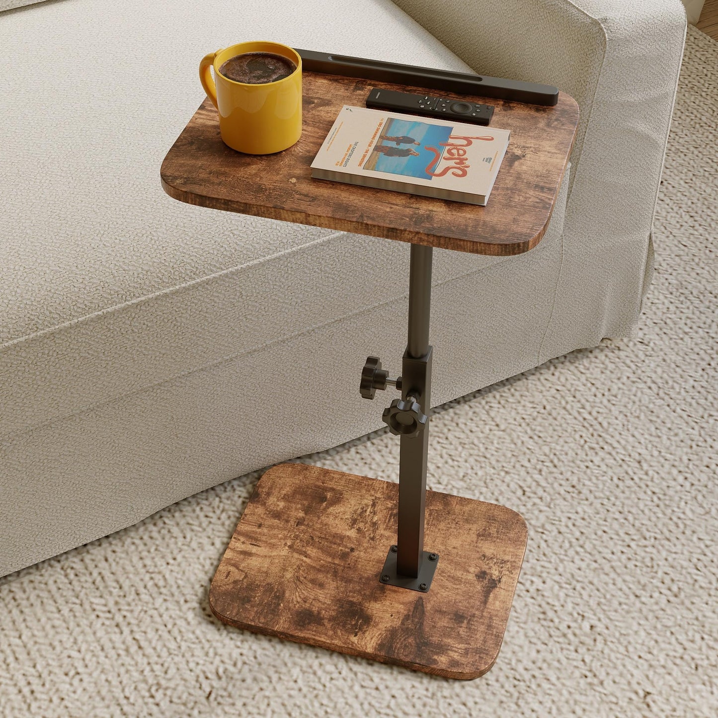Xyphren C Shaped Side Table, 40x30cm Height Adjustable End Table for Small Spaces, 360° Swivel with Anti-Slip Bar