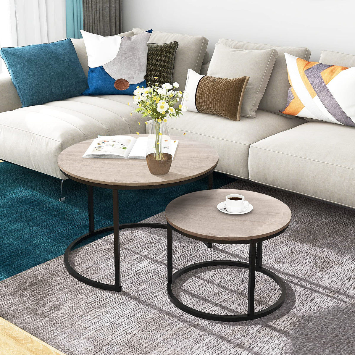Round Nesting Coffee Table Modern Nesting Side Set of 2 End Table for Living Room Balcony Garden
