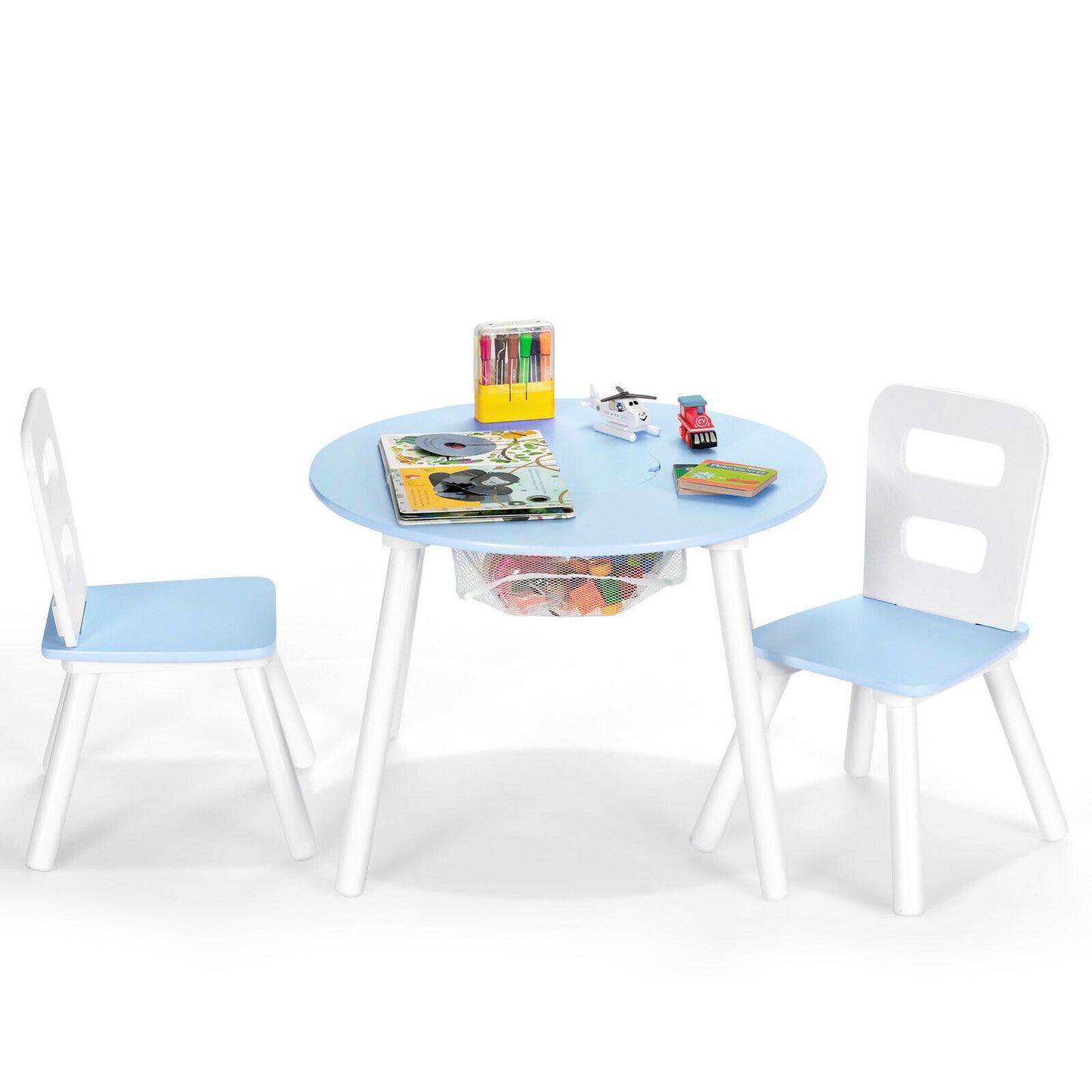 3pcs Wooden Kid's Activity Table Set with Mesh Storage-Blue