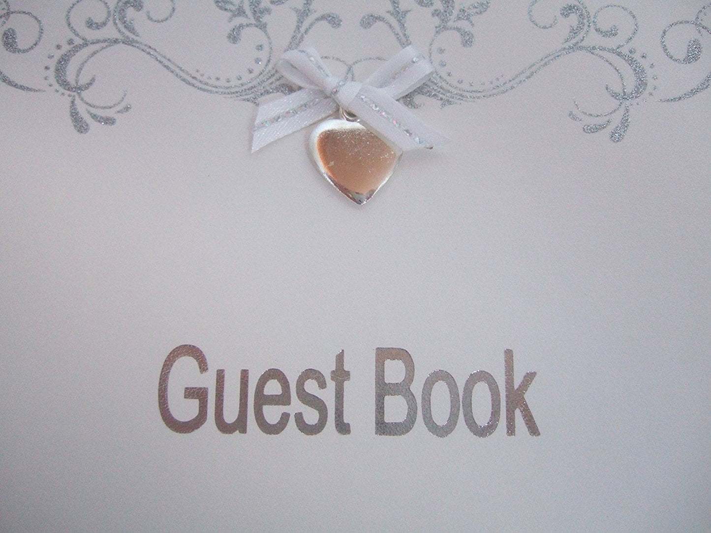 White and Silver Wedding Guest Book with Love Heart Motif - 40 Double Sided Pages