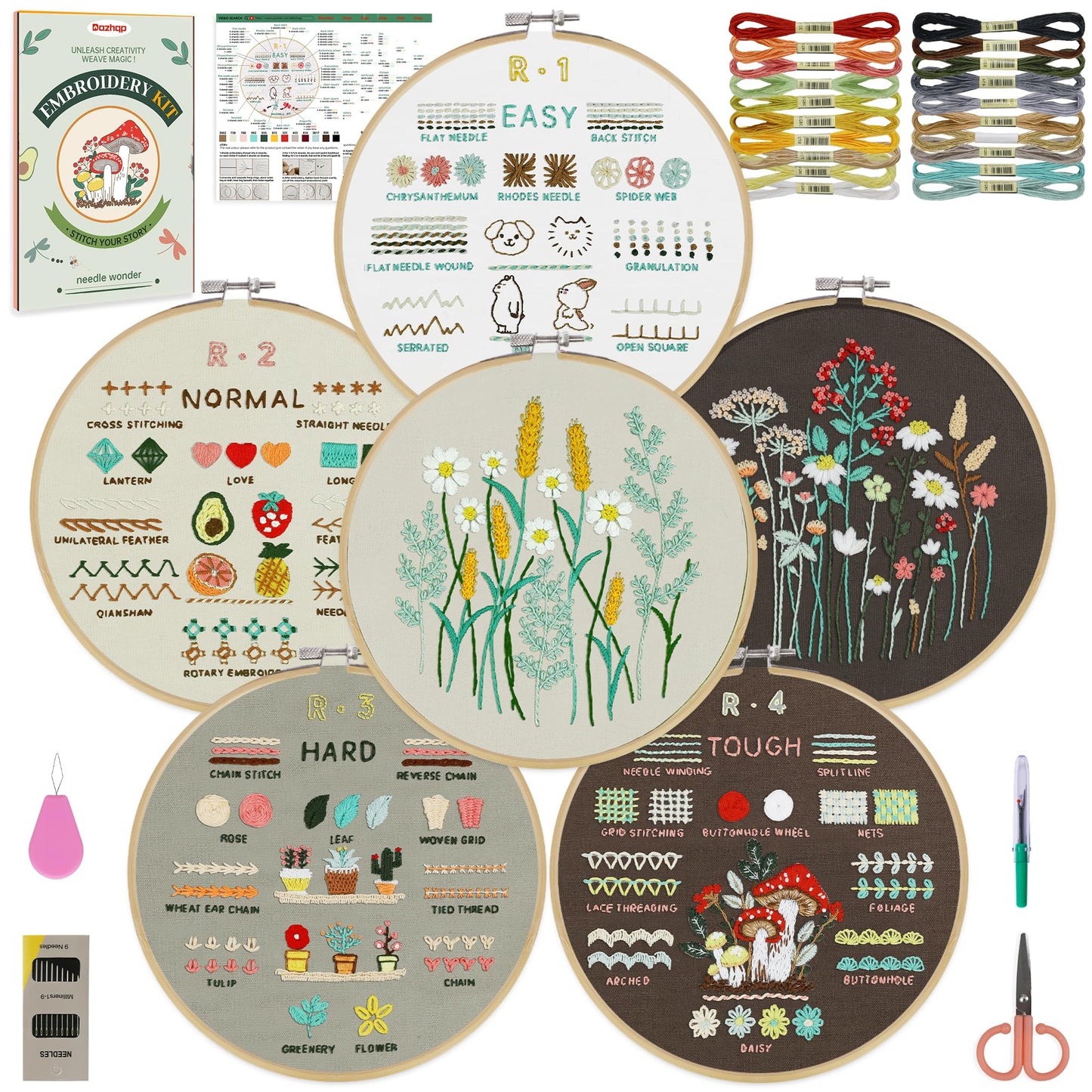 Dazhqp Embroidery Kit for Adult Beginners, 6-Pack Embroidery Starter Kit Including 38 Stitches Learning Step-by-Step Guide and Video, Pre-Patterns,