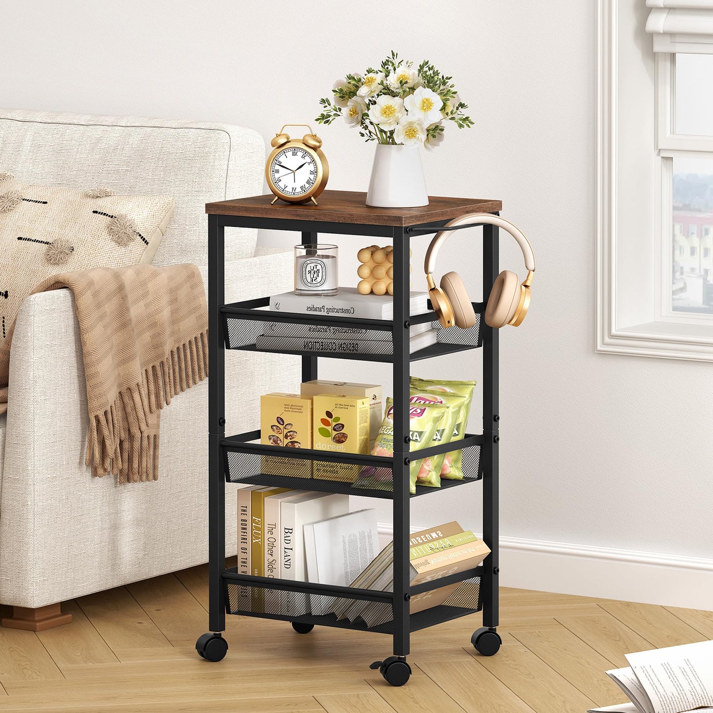 Hoctieon Rolling Storage Cart, 4-Tier Wide Panel Kitchen Storage Cart, Utility Carts with Handle & Wheels, Mobile Shelving Unit