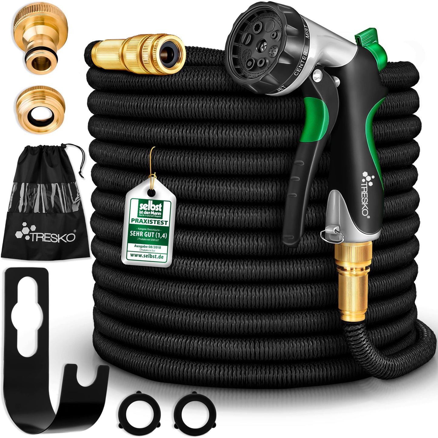 TRESKO Expandable Garden Water Hose Pipe- 8-Pattern Spray Gun Anti-Leakage with Brass Fittings, Triple Latex Core & Hose Hook/Hanger, Magic-Hose Pipes