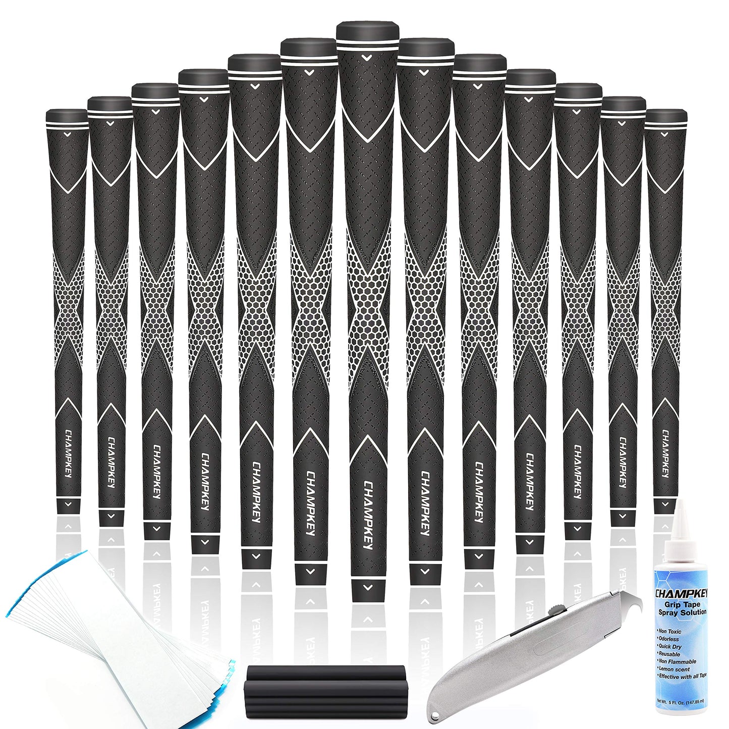 CHAMPKEY Premium Rubber Golf Grips 13 Pack | High Traction and Feedback Rubber Golf Club Grips - All Repair Kits (Black&White, Midsize)
