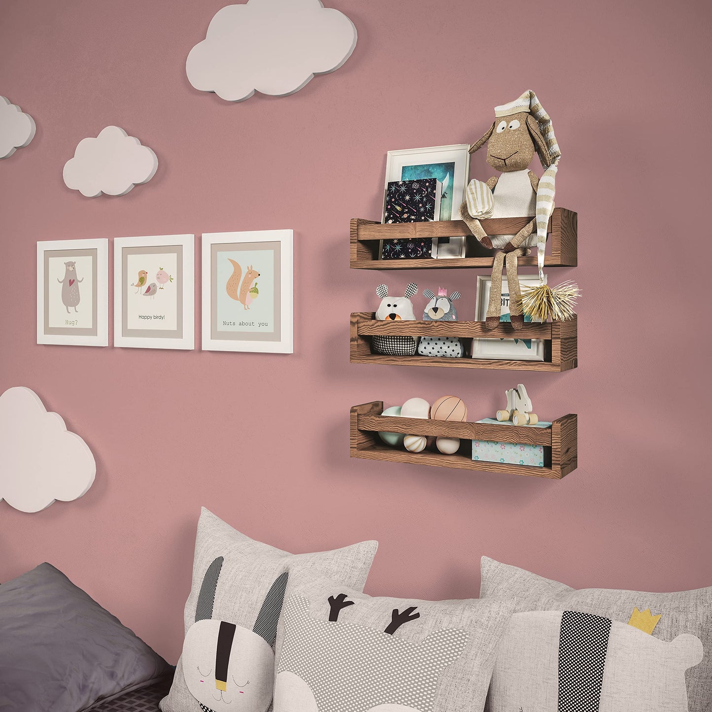 NATURE SUPPLIES Set of 3 Nursery Shelves Wall Mounted Children?s Wooden Floating Bookshelf for Bedroom, Bathroom, Kitchen Storage Shelves Kids Decor,