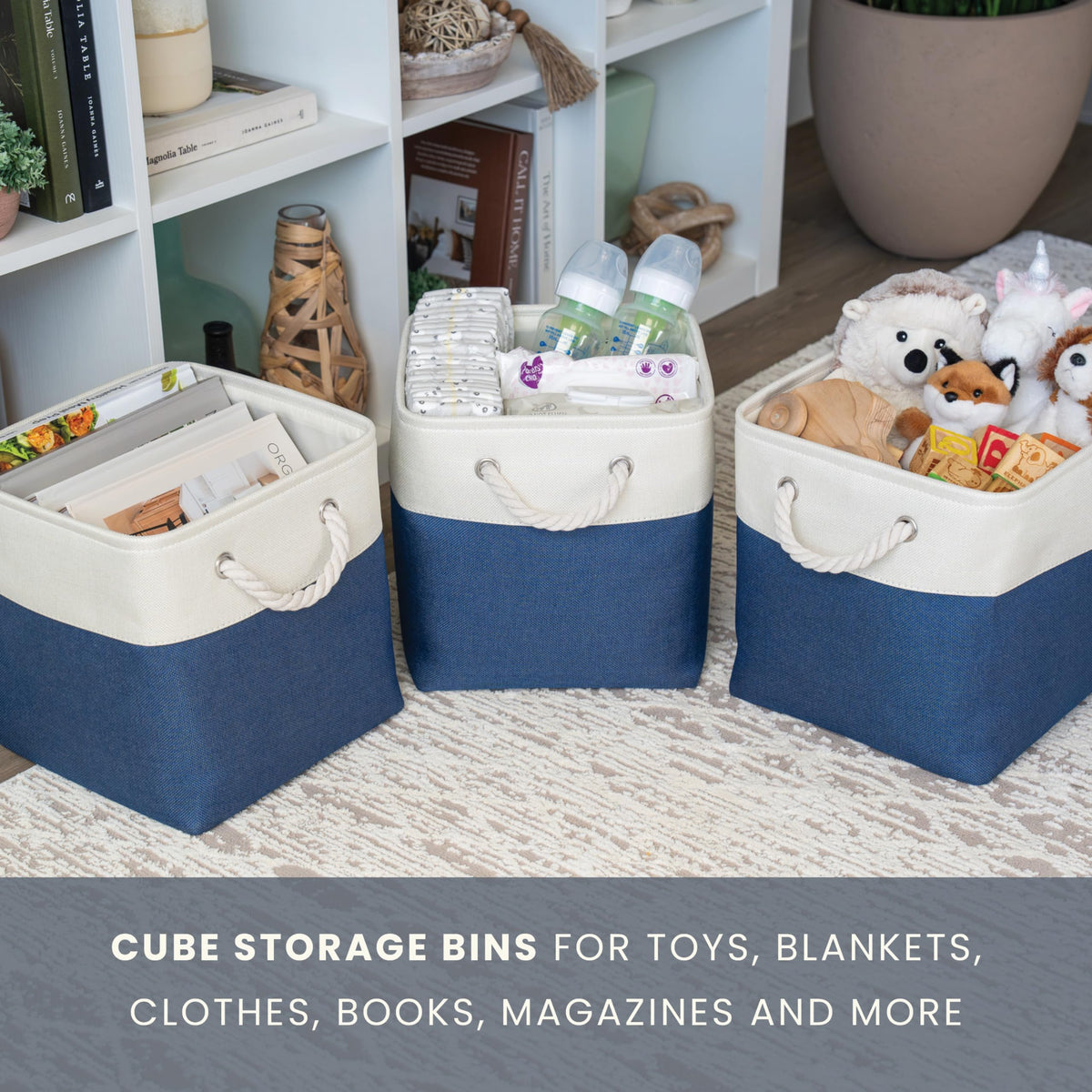 OrganiHaus Fabric Storage Boxes, Set of 3 Foldable 30X30 Cube Organiser Bins with Rope Handles for Shelves, Nursery & Closet