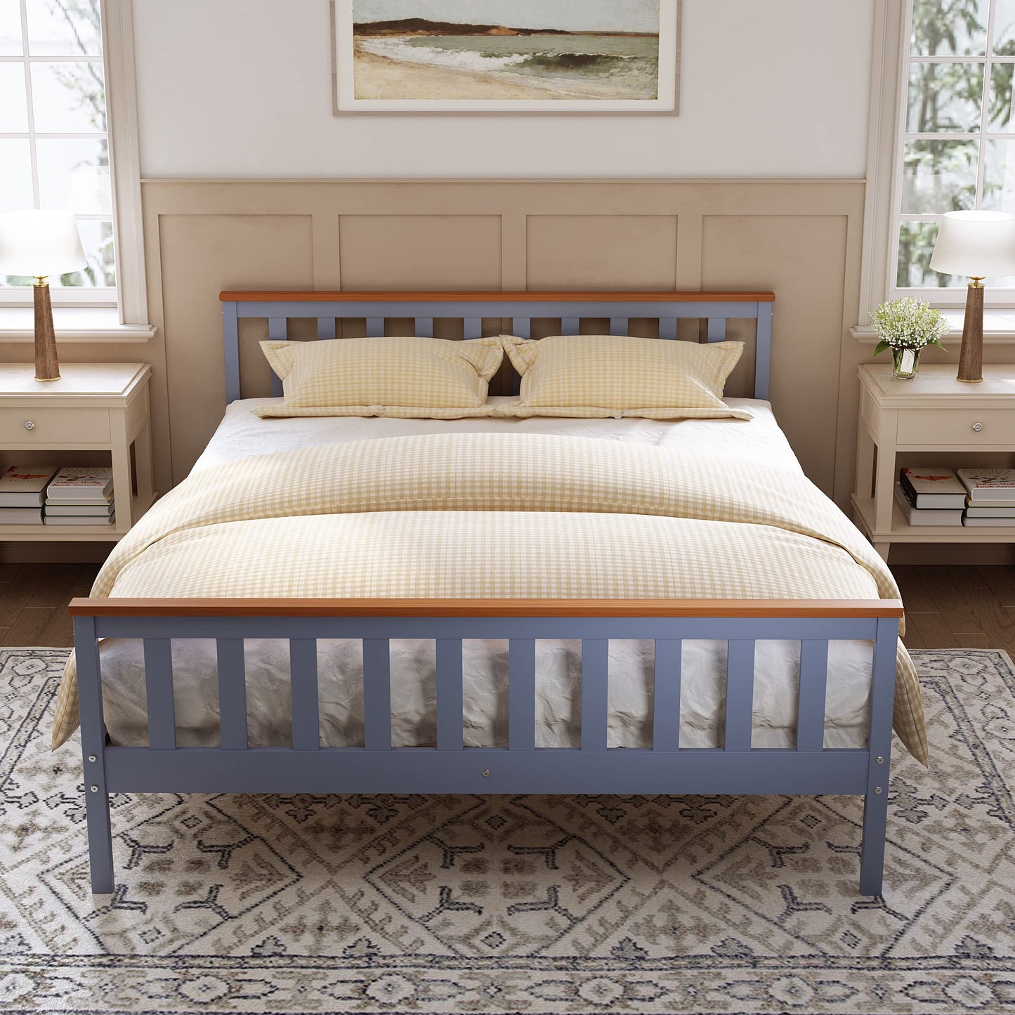 ELEGANT King Solid Wood Bed Frame with Slatted Headboard 5ft, 150x200cm