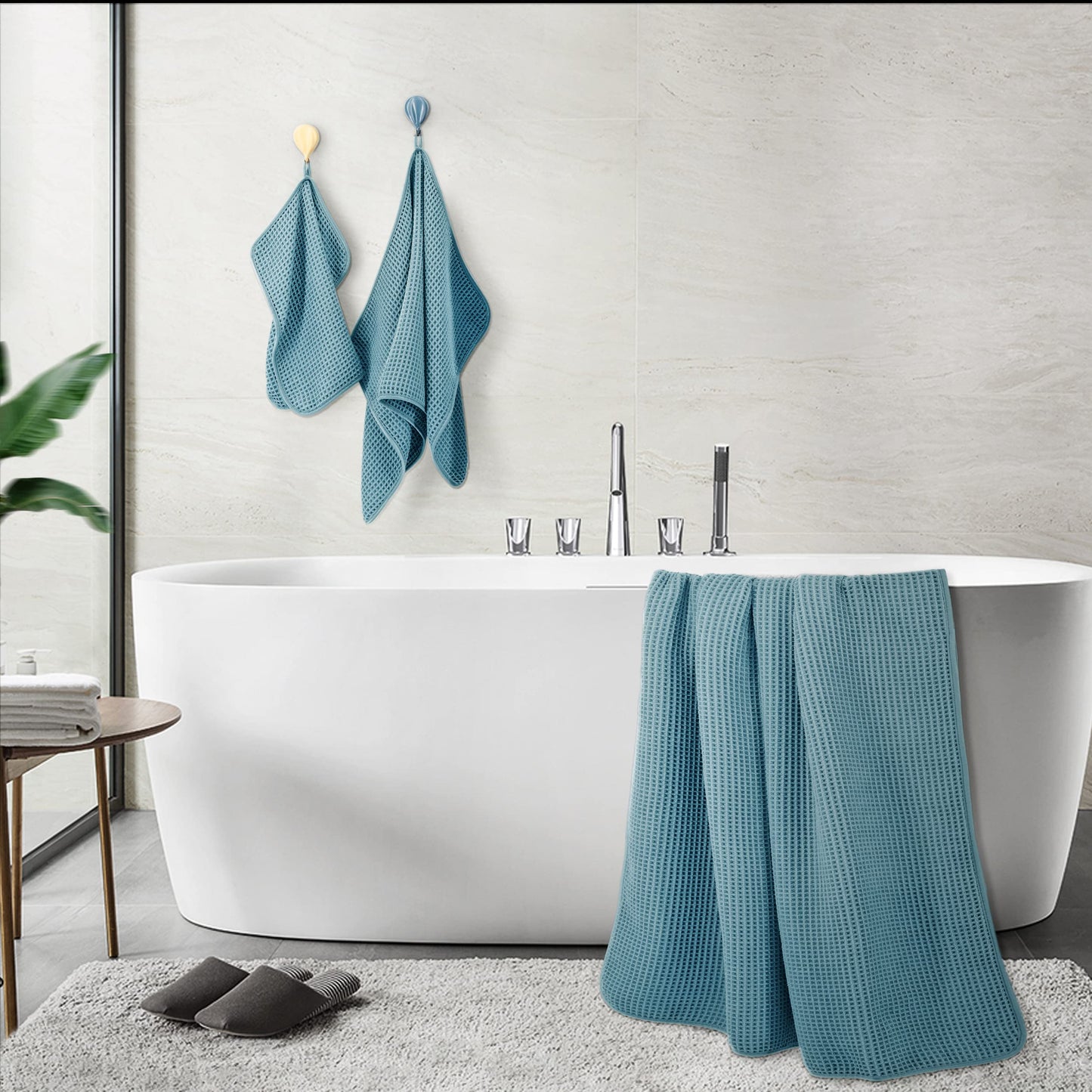 POLYTE Microfibre Oversize, 76 x 152 cm, Quick Dry Lint Free Bath Towel Set, 6 Piece (Green, Waffle Weave)