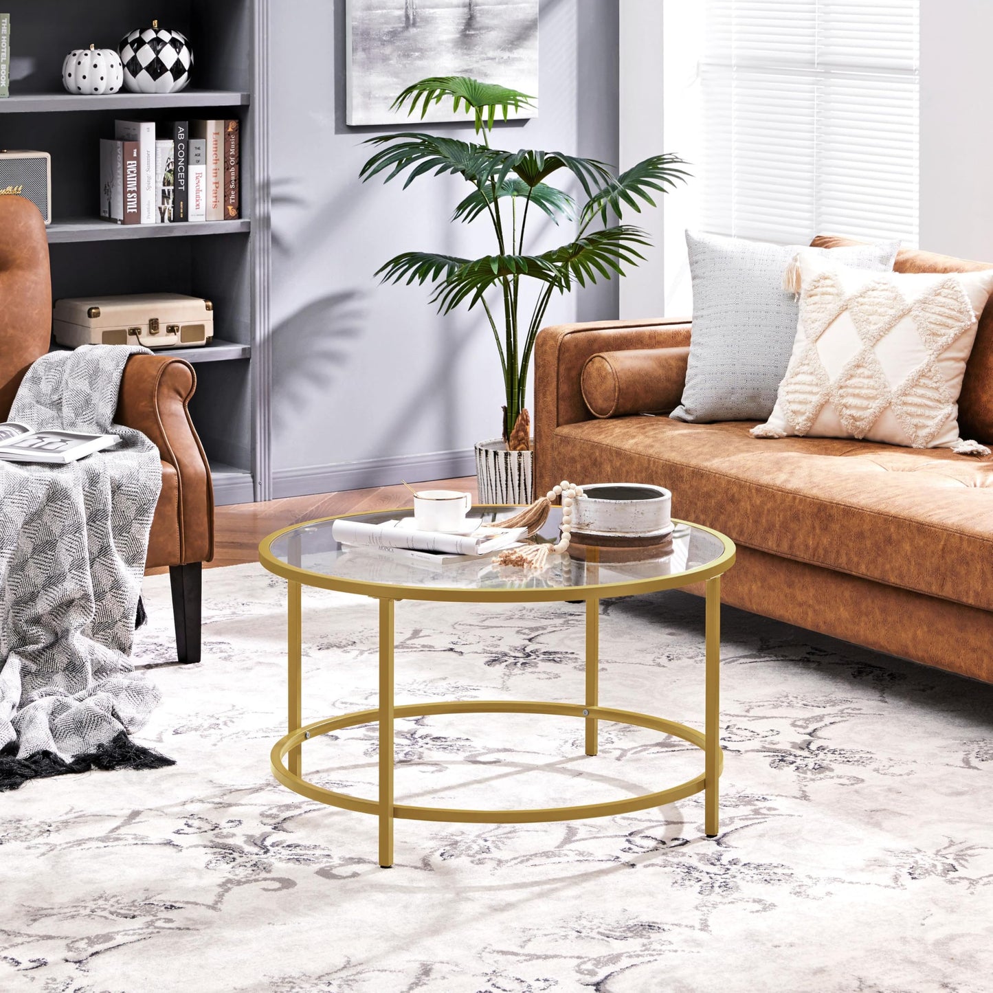 Yaheetech Round Coffee Table Tempered Glass Metal Structure Mustard Gold