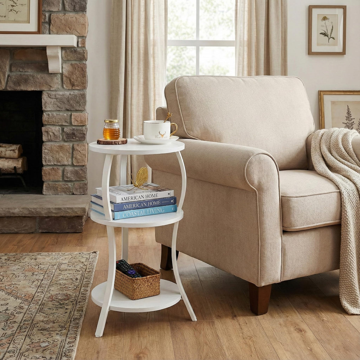 Vintage Small Round Side Table,3-Tier Slim Waist End Table for Small Spaces