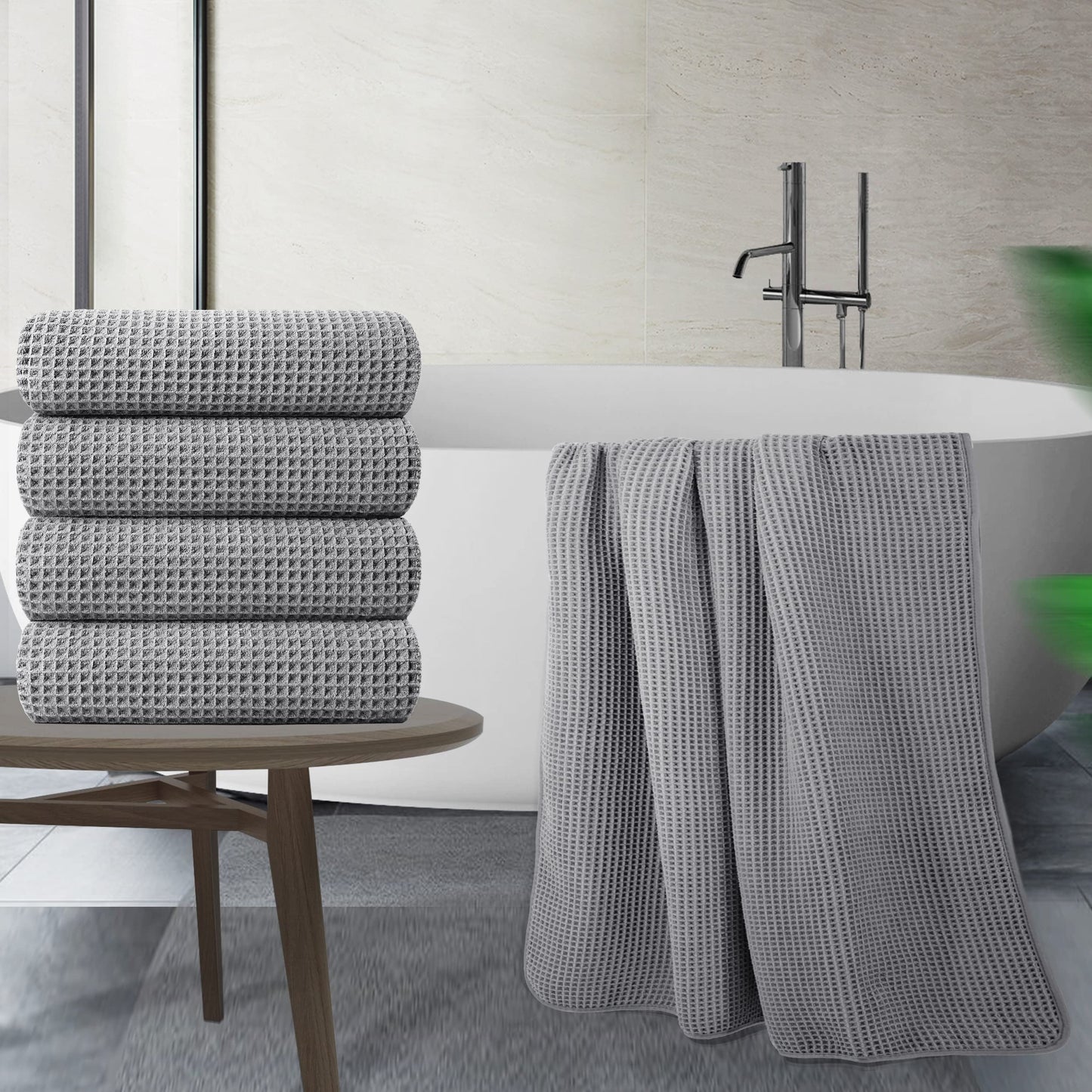 POLYTE Microfibre Oversize Quick Dry Lint Free Bath Towel, 152 x 76 cm, 4 Pack (Grey, Waffle Weave)