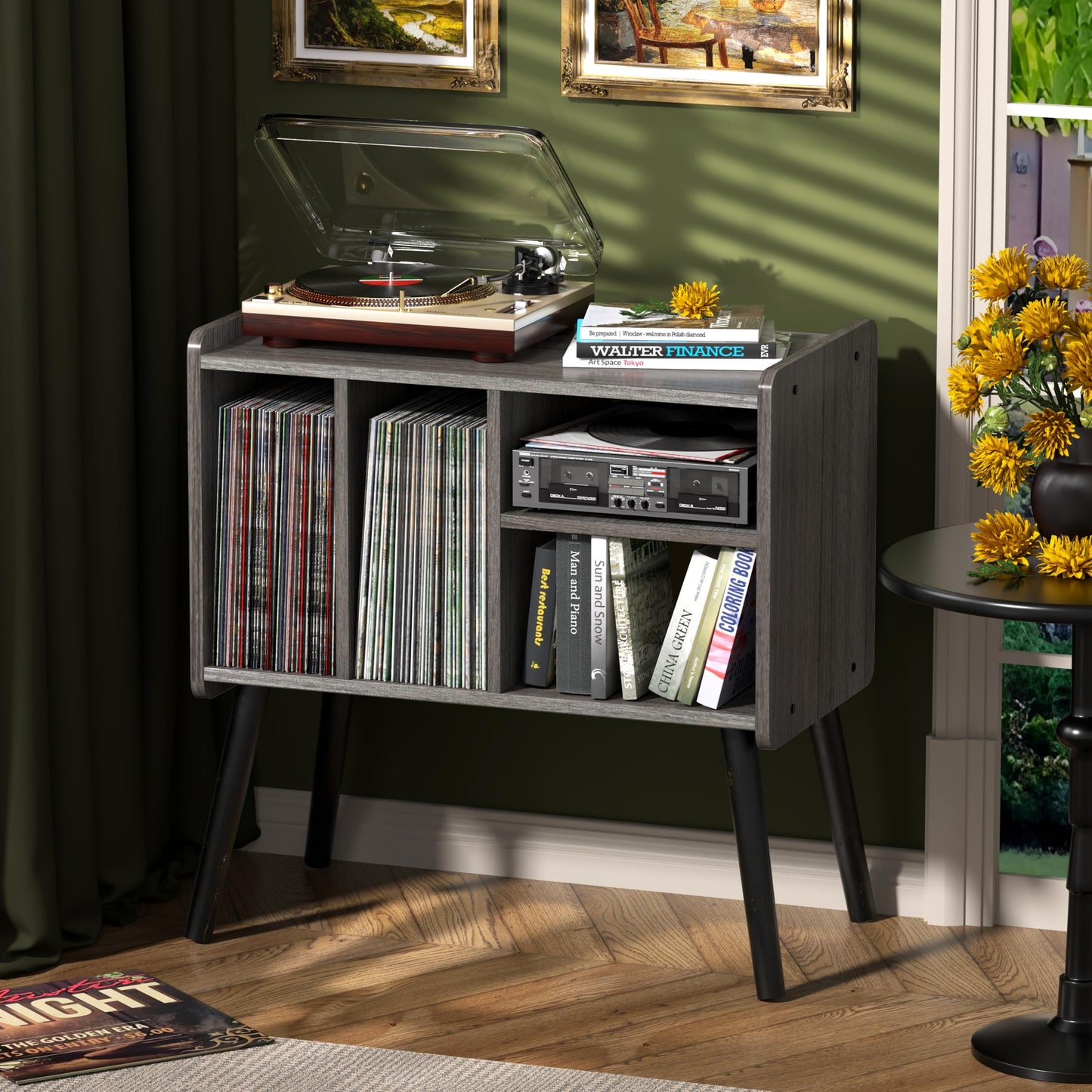 UODERS Record Player Table, Mid-Century Record Player Stand with Vinyl Storage Hold Up to 150+ Albums, Vinyl Record Cabinet with Adjustable Shelves
