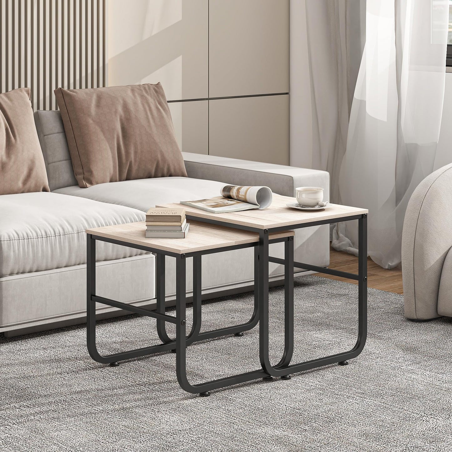 FOUBAM End Tables Set of 2 for Living Room,Small Coffee Table,Nesting Tables Couch Sofa Side Tables Metal Frame/Wood Look for Bedroom Office,Sturdy