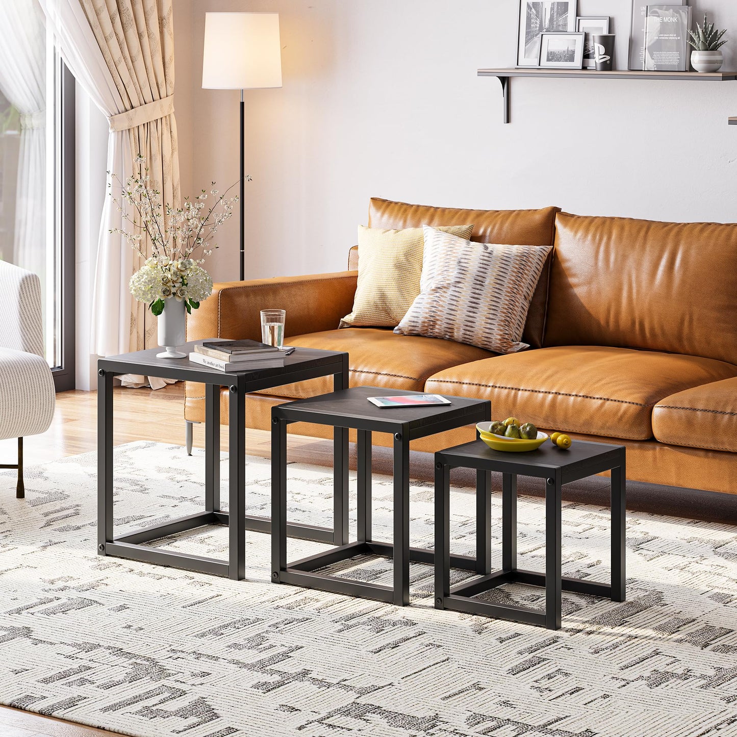 DUMEE Nesting Tables Set of 3 Wooden Coffee Table Side End Tables Sturdy Steel Metal Frame Living Room Bedroom,Space Saving Stacking Nightstand