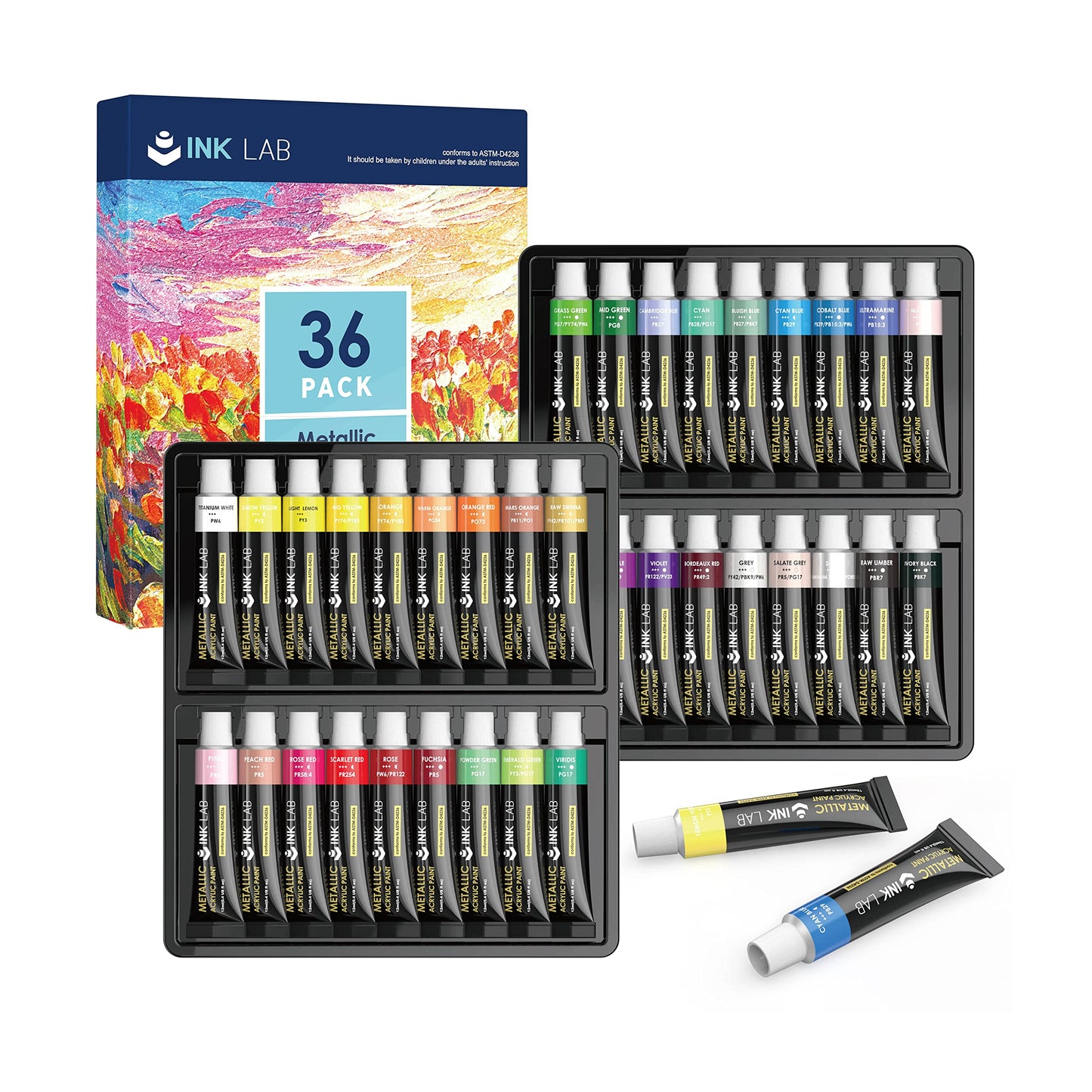 INK LAB Metallic Acrylic Paint Set 36 Tubes Non Toxic Metallic Acrylic Crafts Paints for Canvas Wood Artists Beginners Painting, Rich Pigment & No
