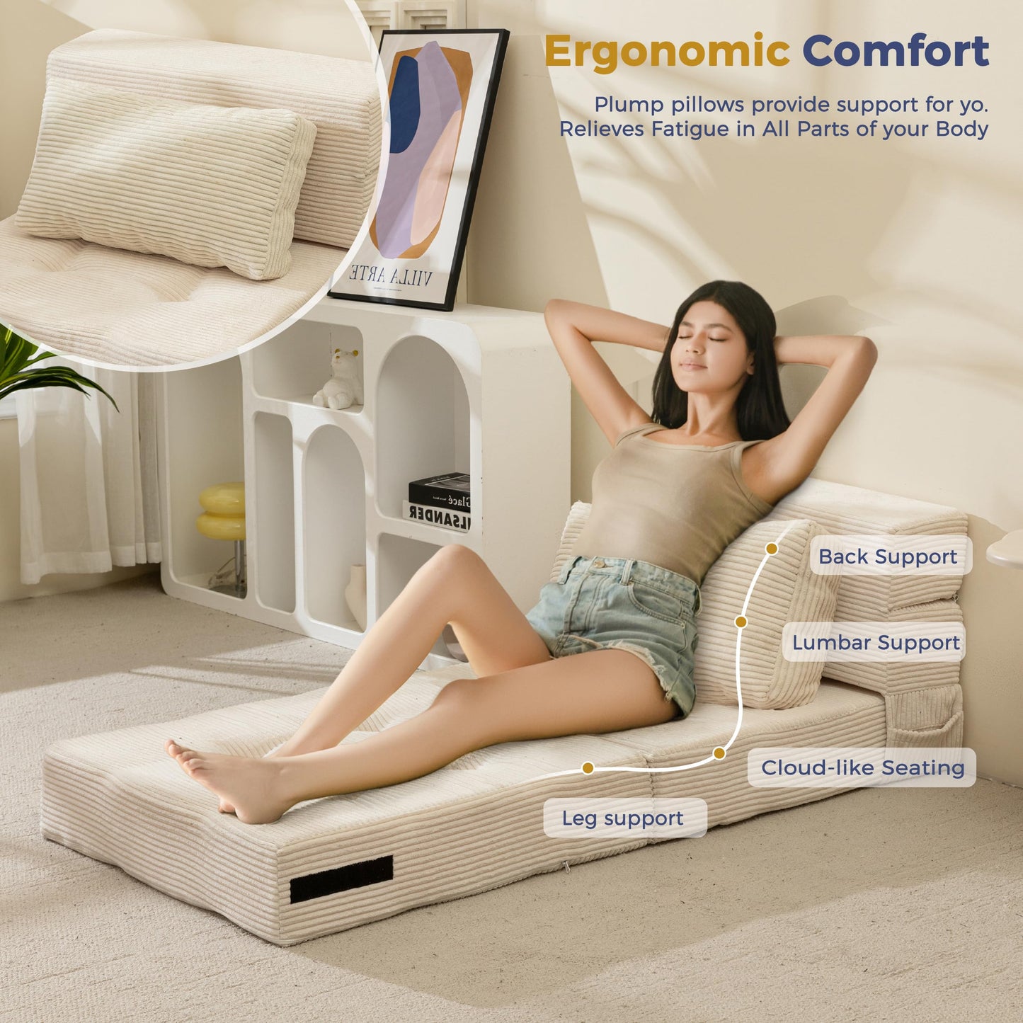 MAXYOYO Folding Foam Sofa Bed, Tri-Fold Mattress with 1 Pillow, Convertible Sofa Chair Futon Z Bed with 15cm Thincken Foam