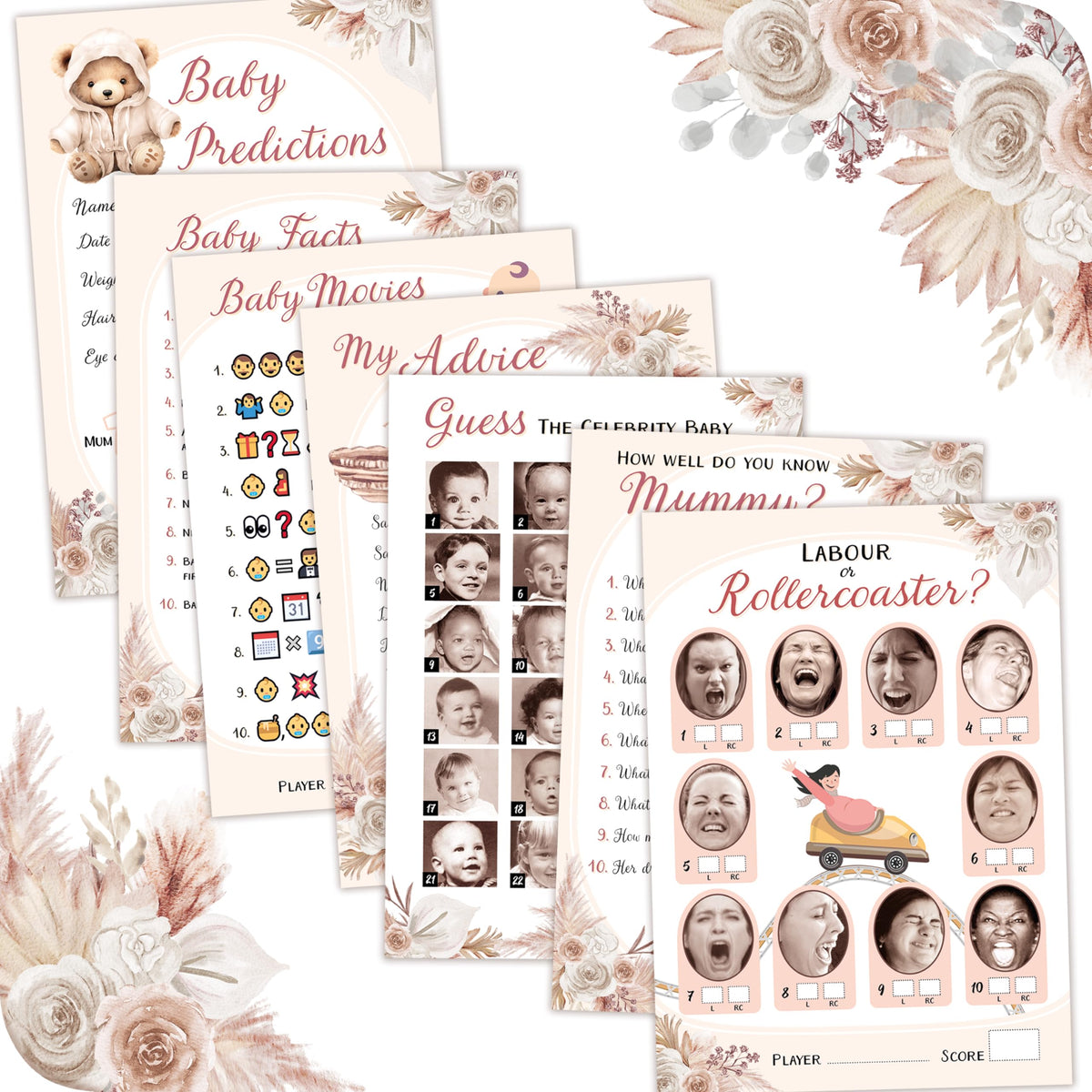 Baby Shower Games (7 Fun Games for 12 Guests), Baby Predictions, Guess The Celebrity, Labour or Rollercoaster, Baby Movie Emoji Game and More, Teddy