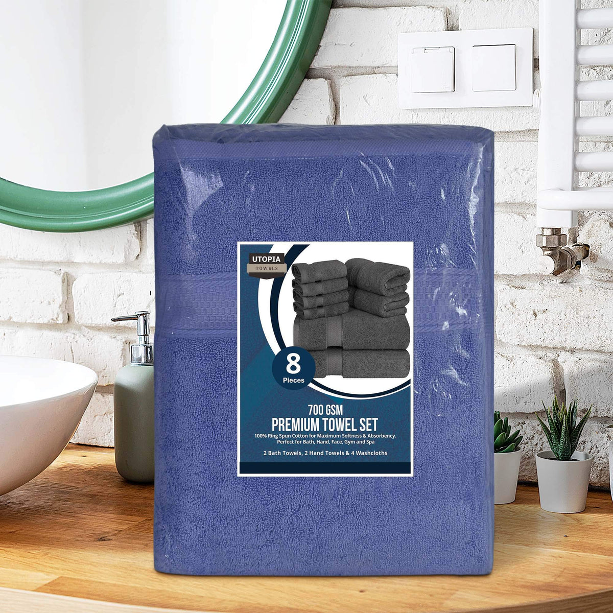 Utopia Towels 8 Piece Premium Towel Set, 2 Bath, 2 Hand, and 4 Washcloths, 100% Ring Spun Cotton, Highly Absorbent Towels for Bathroom, Sports