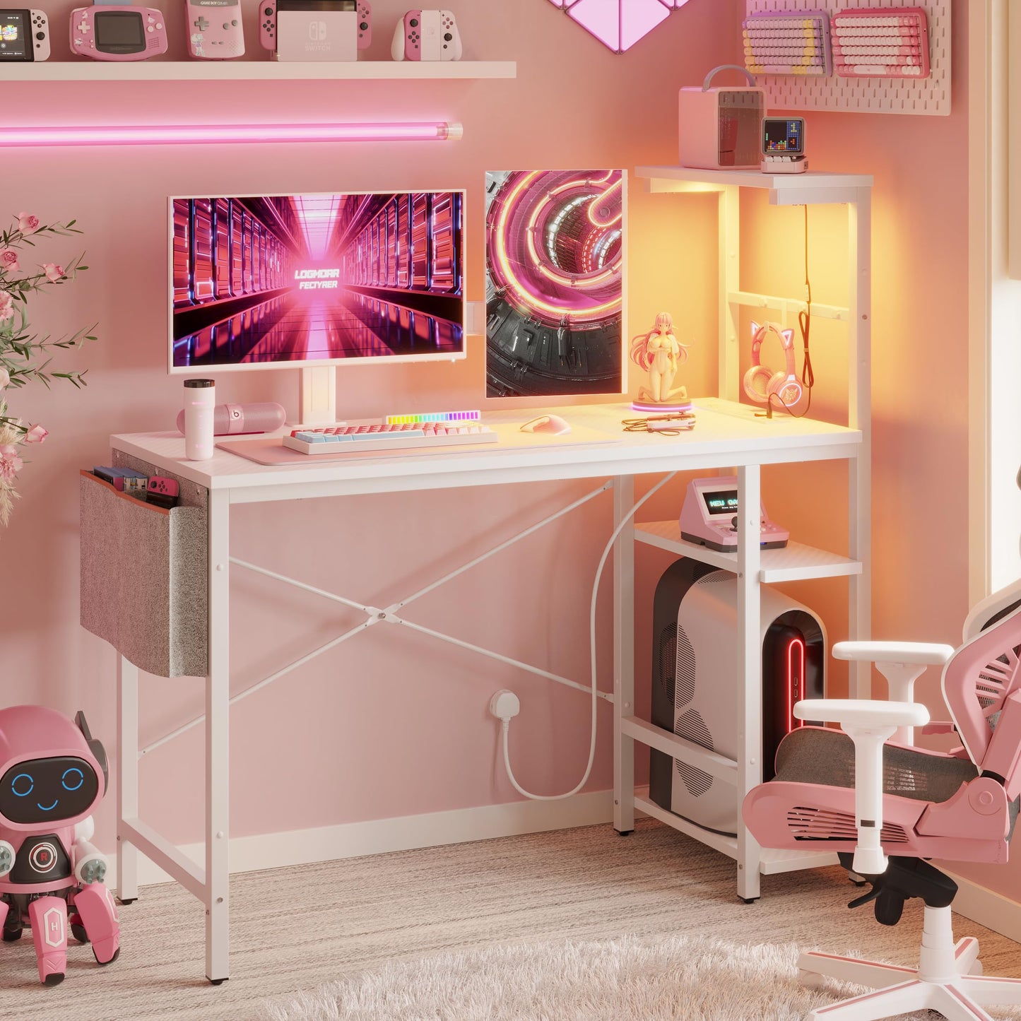 Bestier 113CM Corner Computer Desk with Power Outlets Computer Desk with LED Lights Reversible Writing Table with Side Pocket Storage Bag &