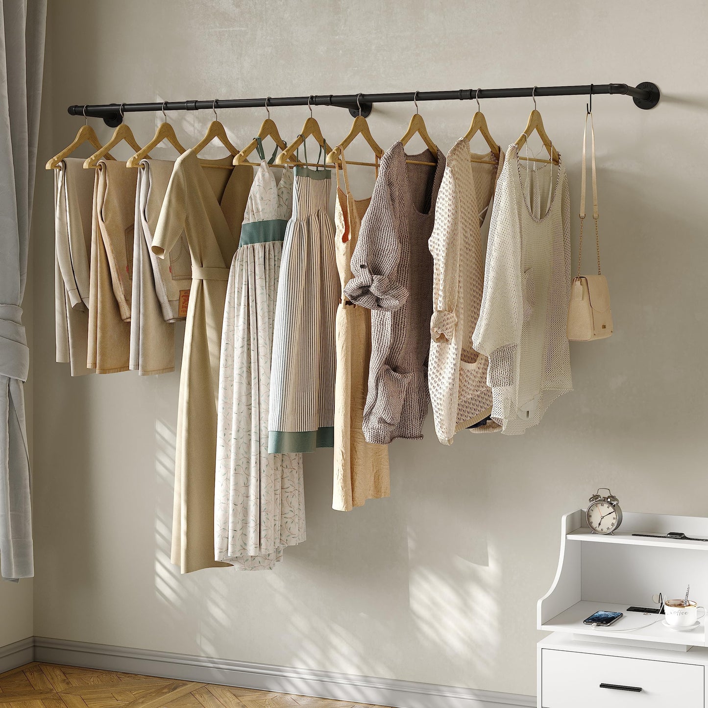 Crehomfy Industrial Pipe Clothes Rack with 3 Hooks, 72’'L Wall Mounted Garment Rack, Heavy Duty Iron Garment Bar