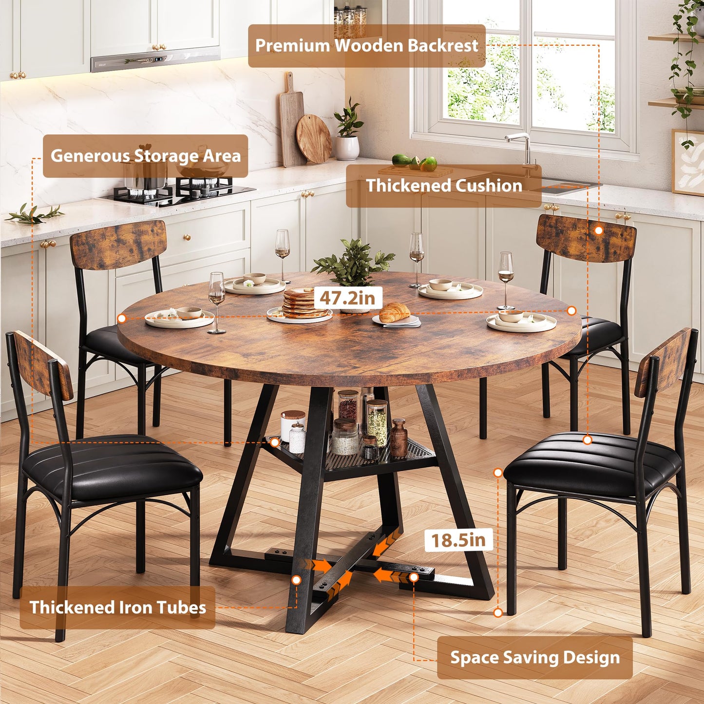 Jocoevol Round Dining Table and 4 Chairs Set of 4, Circle Dinner Table with Shelves, Space Saving Wood Kitchen & Dining Room Furniture