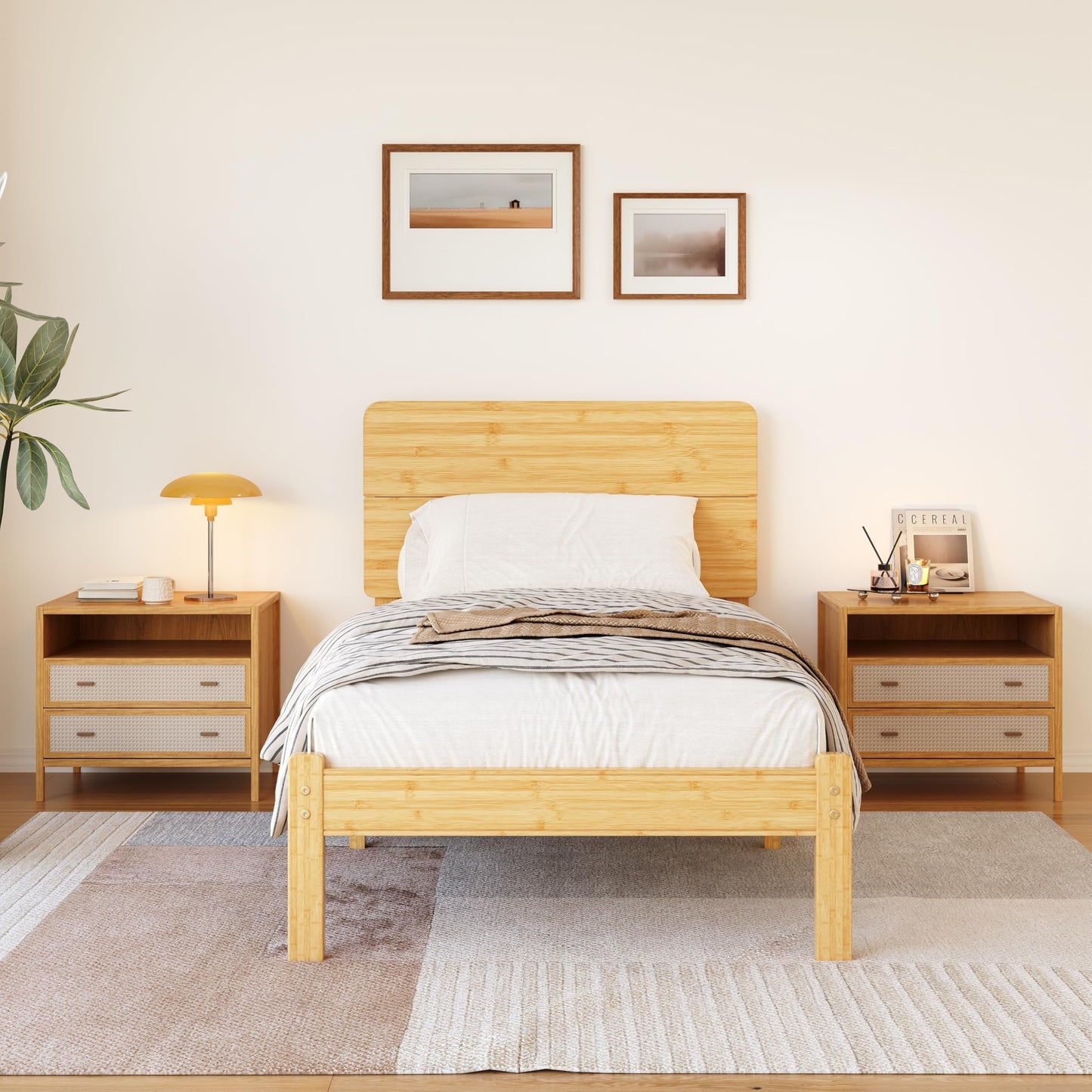 Hunlostten Wooden Single Bed Frame with Headboard - Bamboo Wood Platform Bed Frame with Metal Slats Support and Underbed Storage Bedroom Furniture