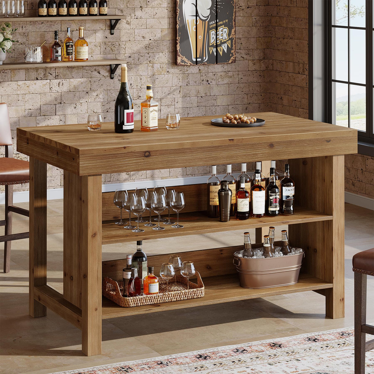 TRIBEWOOD 55" Solid Wood Bar Table, 3-Tier Farmhouse Home Bar Unit with Open Storage, Counter Height Pub Dining Table for Kitchen, Living Room, Brown