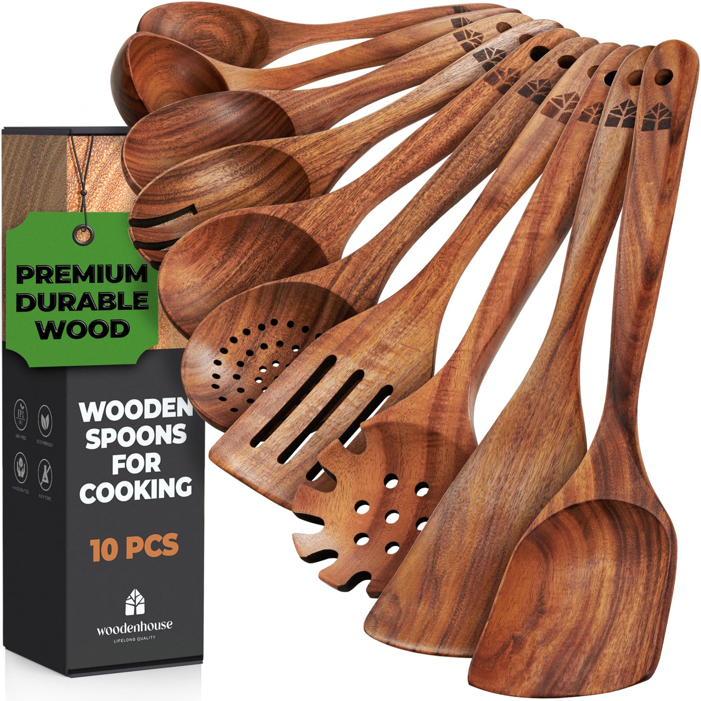 Wooden Spoons for Cooking, 10 Pcs Teak Wood Cooking Utensil Set - Wooden Kitchen Utensils for Nonstick Pans & Cookware - Study, Lightweight & Heat