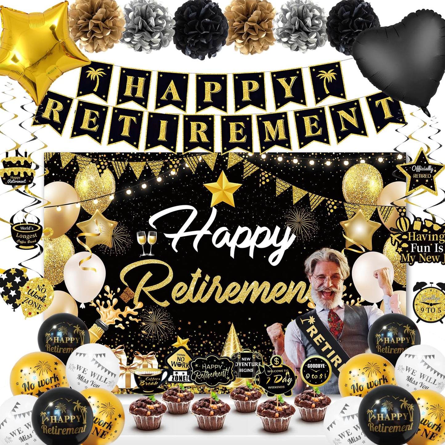 Retirement Party Decorations for Men Women, Black Gold Happy Retirement Decorations, Banner, Retired Balloons, Backdrop, Sash, Pompoms, Swirls Hanging