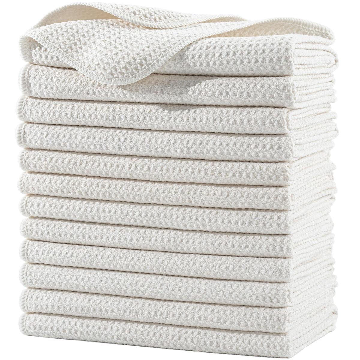 POLYTE Premium Microfibre Kitchen Dish Tea Towel Waffle Weave (Off White, 40x71) 12 Pack