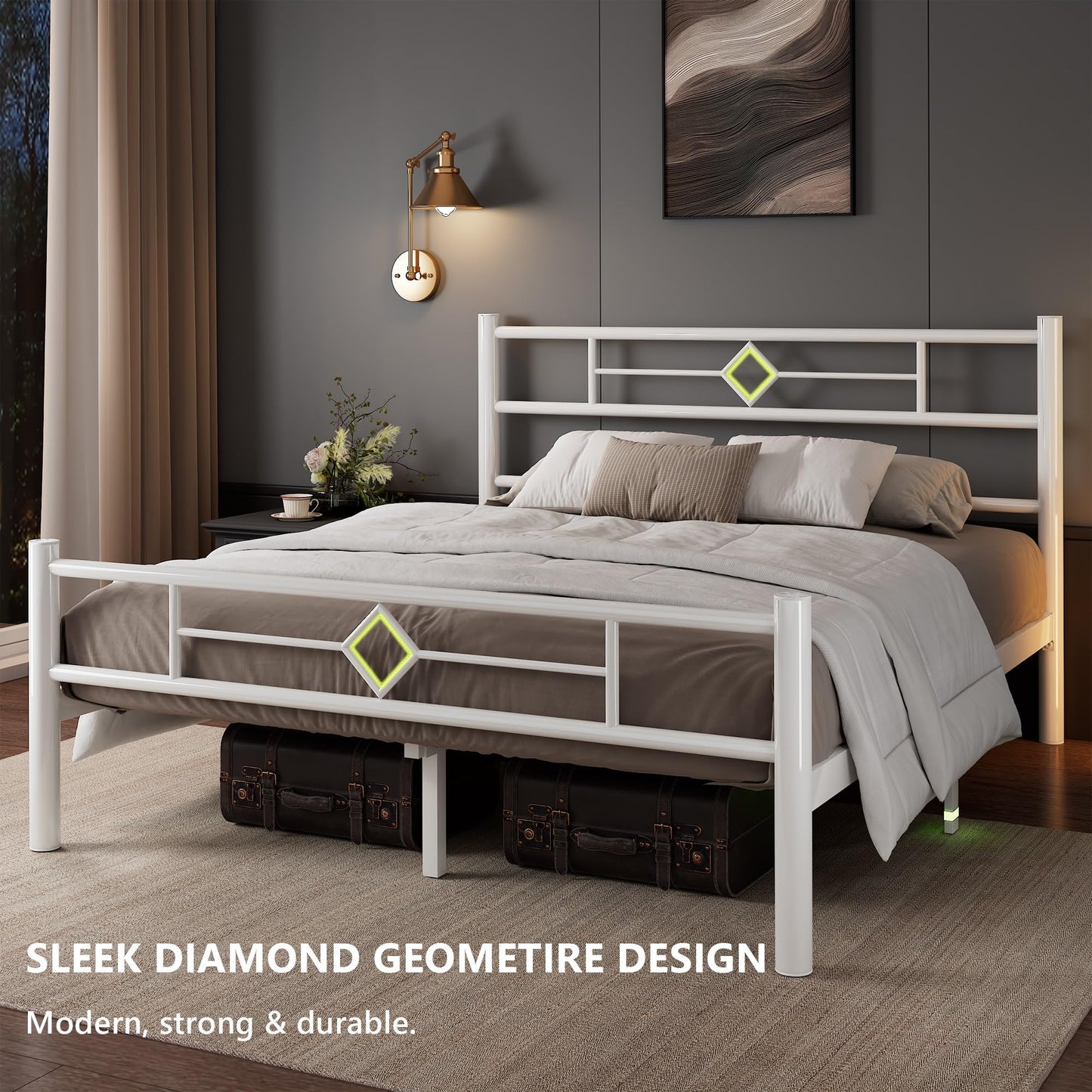 Feonase King Size Bed Frame with Headboard and Footboard, Metal Platform Kingsize Bed Frame with Underbed Storage, Solid Metal Slats Support