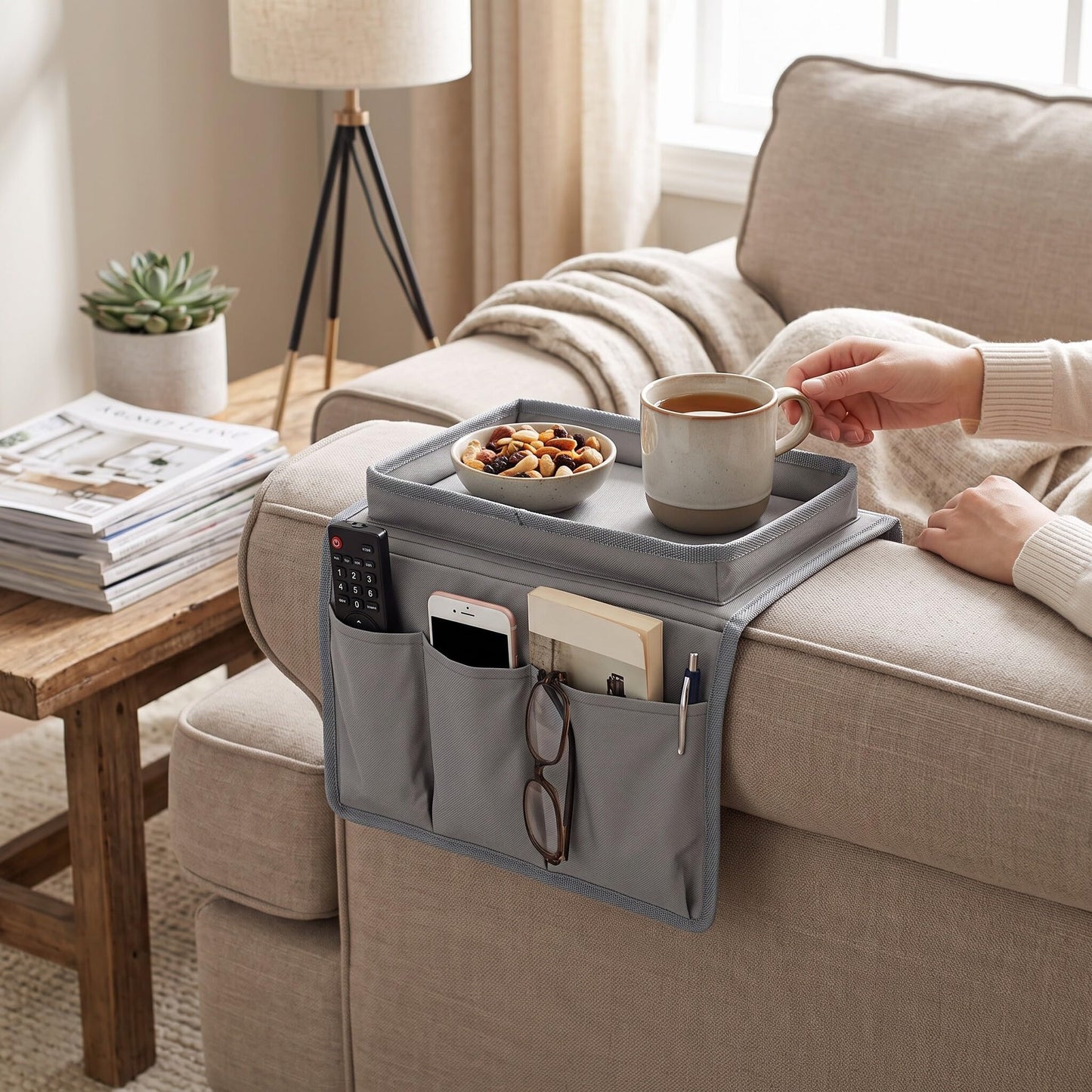 Ejoyous Sofa Armrest Organizer, 4 Pockets Couch Bag for TV Remote Control, Oxford Cloth Armchair Storage with Cup Holder Tray (Gray)