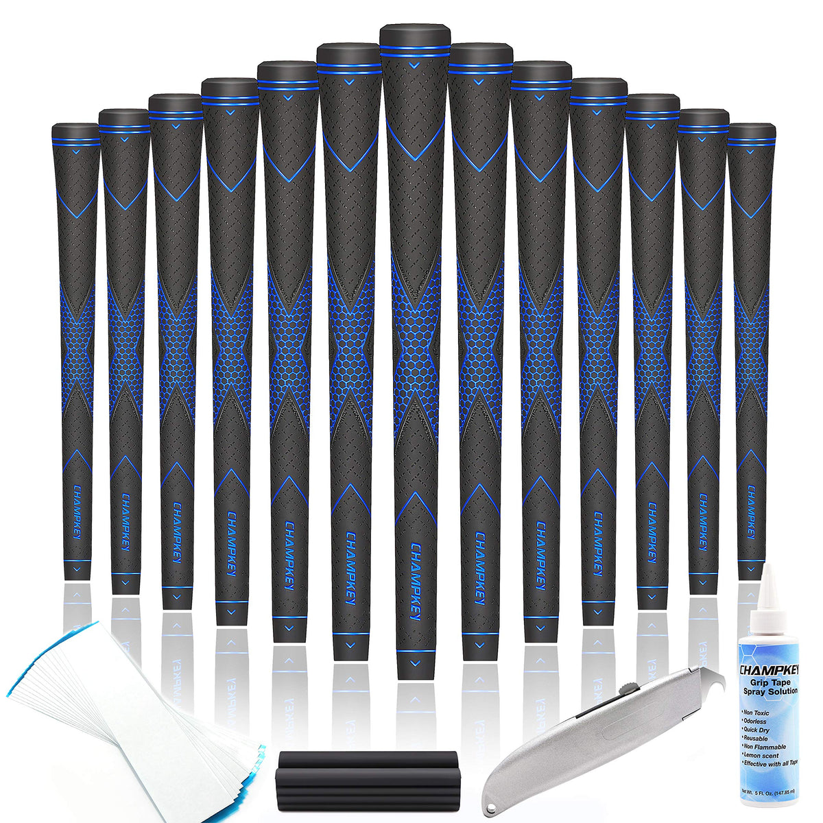 CHAMPKEY Premium Rubber Golf Grips 13 Pack | High Traction and Feedback Rubber Golf Club Grips - All Repair Kits (Black&Blue, Standard)
