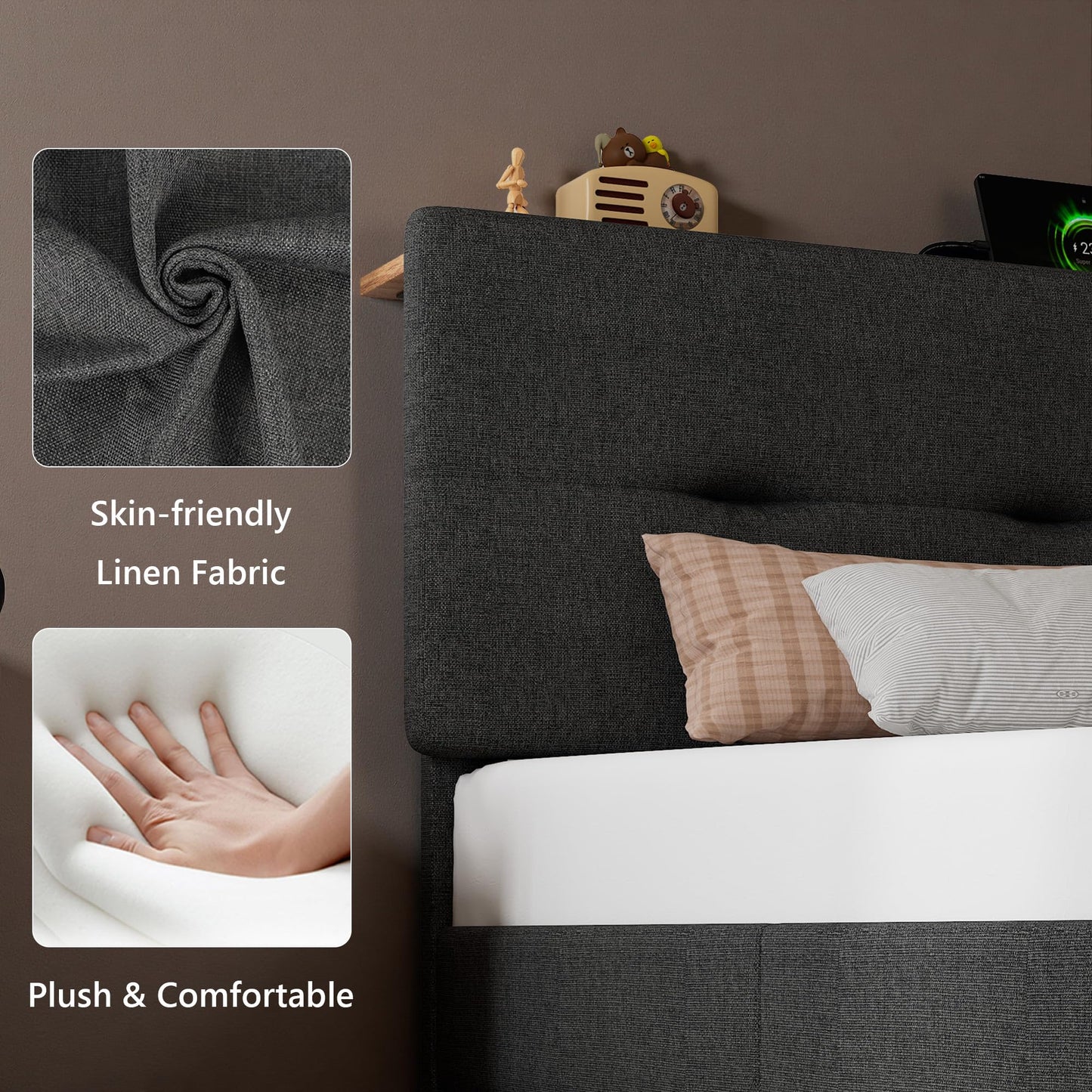 Feonase 3ft Single Bed Frame with Storage Linen Headboard, Upholstered Single beds with Charging Station, Sturdy Wooden Slat Support, Easy Assembly